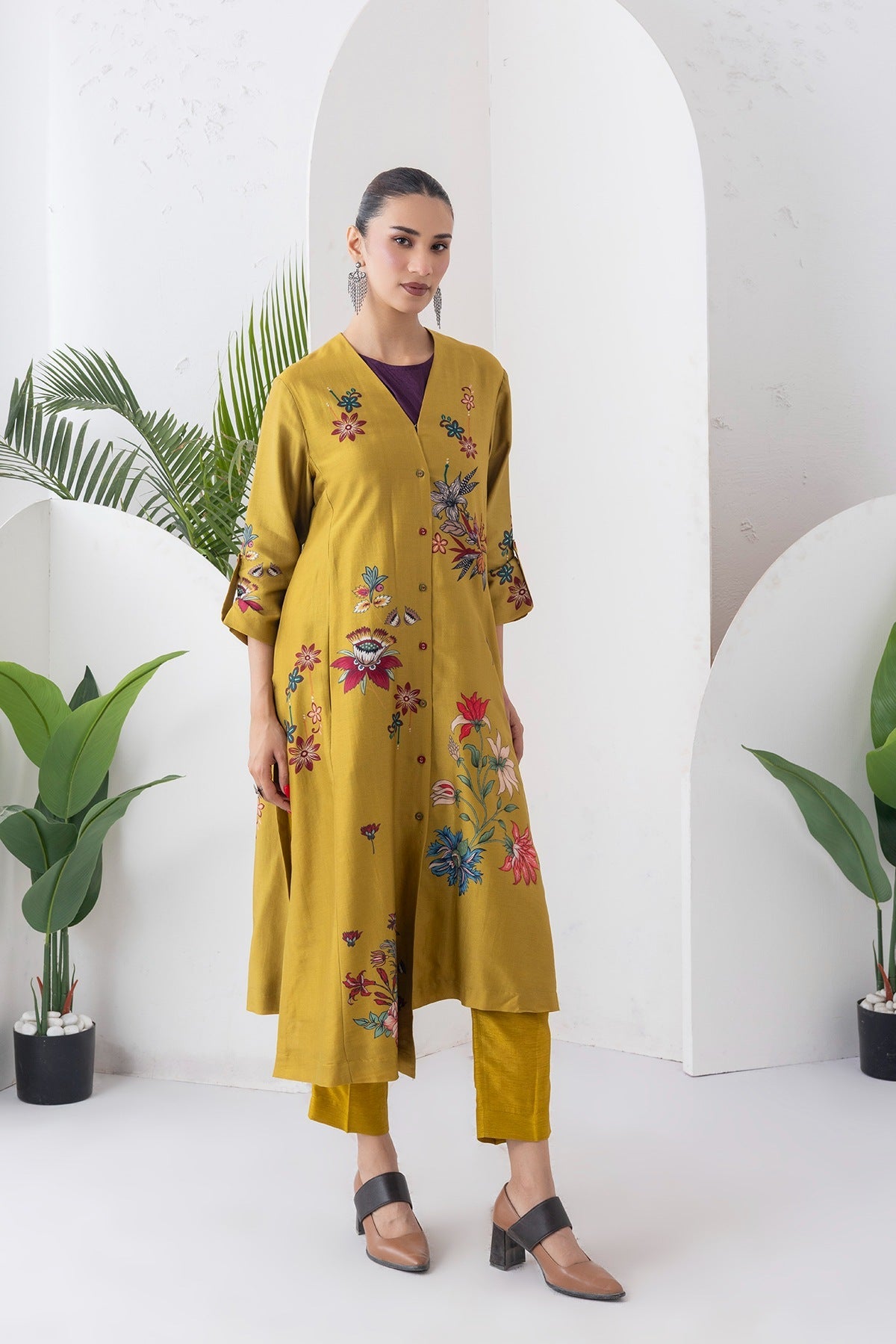 Mustard Silk Chanderi Printed High-Low Dress Set (3 PCS)