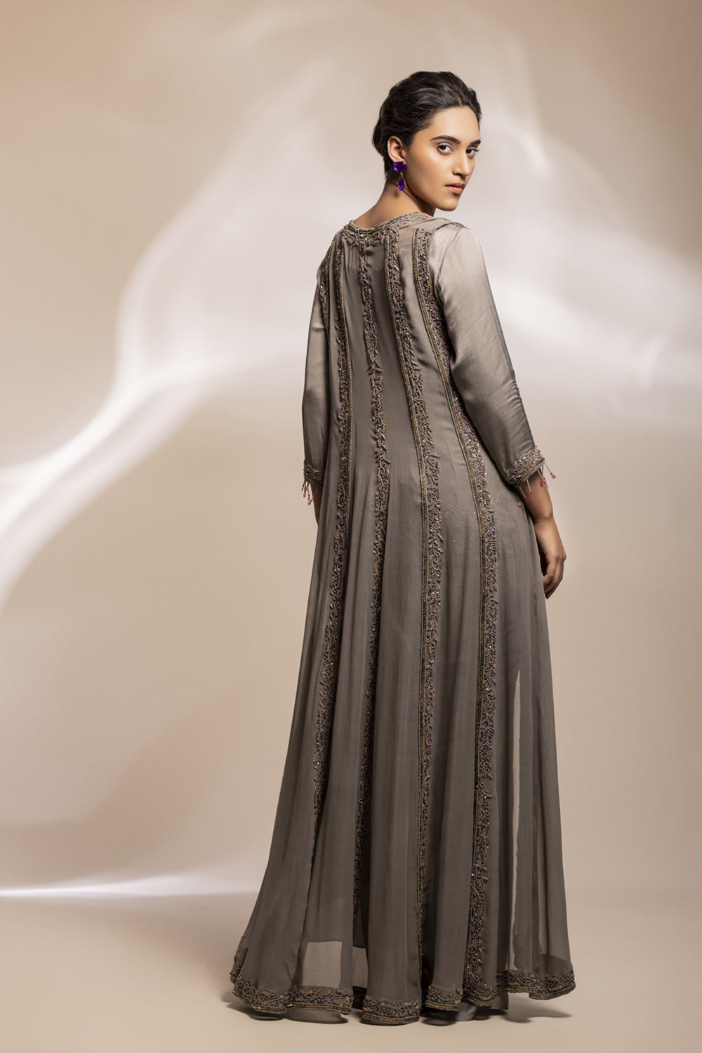 Lungi Drape With Antique Good Kurta With Embroidered Paneeked Long Jacket - Auraya Fashion 