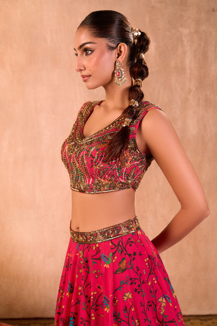 PINK PRINT EMBROIDERED CHOLI, LEHENGA AND DUPATTA SET - image 6