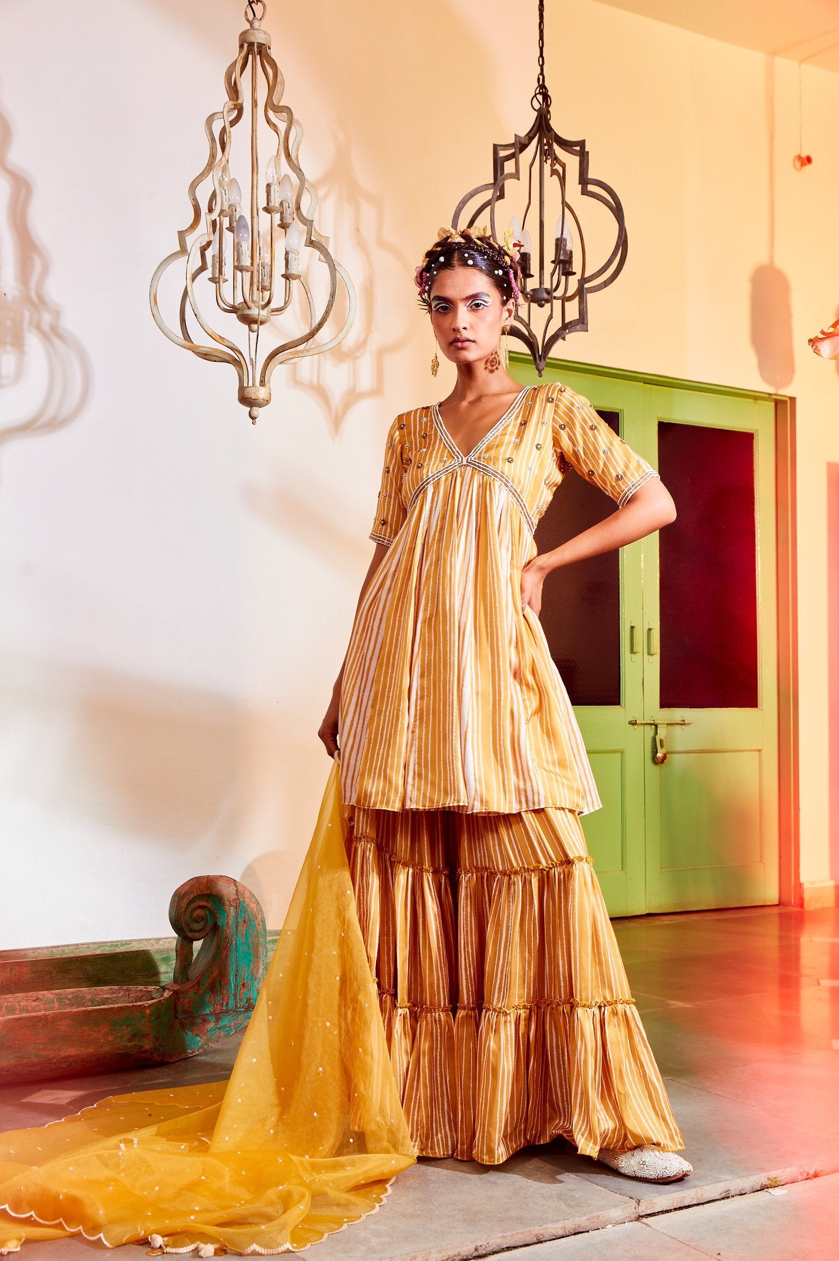 Ochre Yellow Peplum Dress with Sharara.