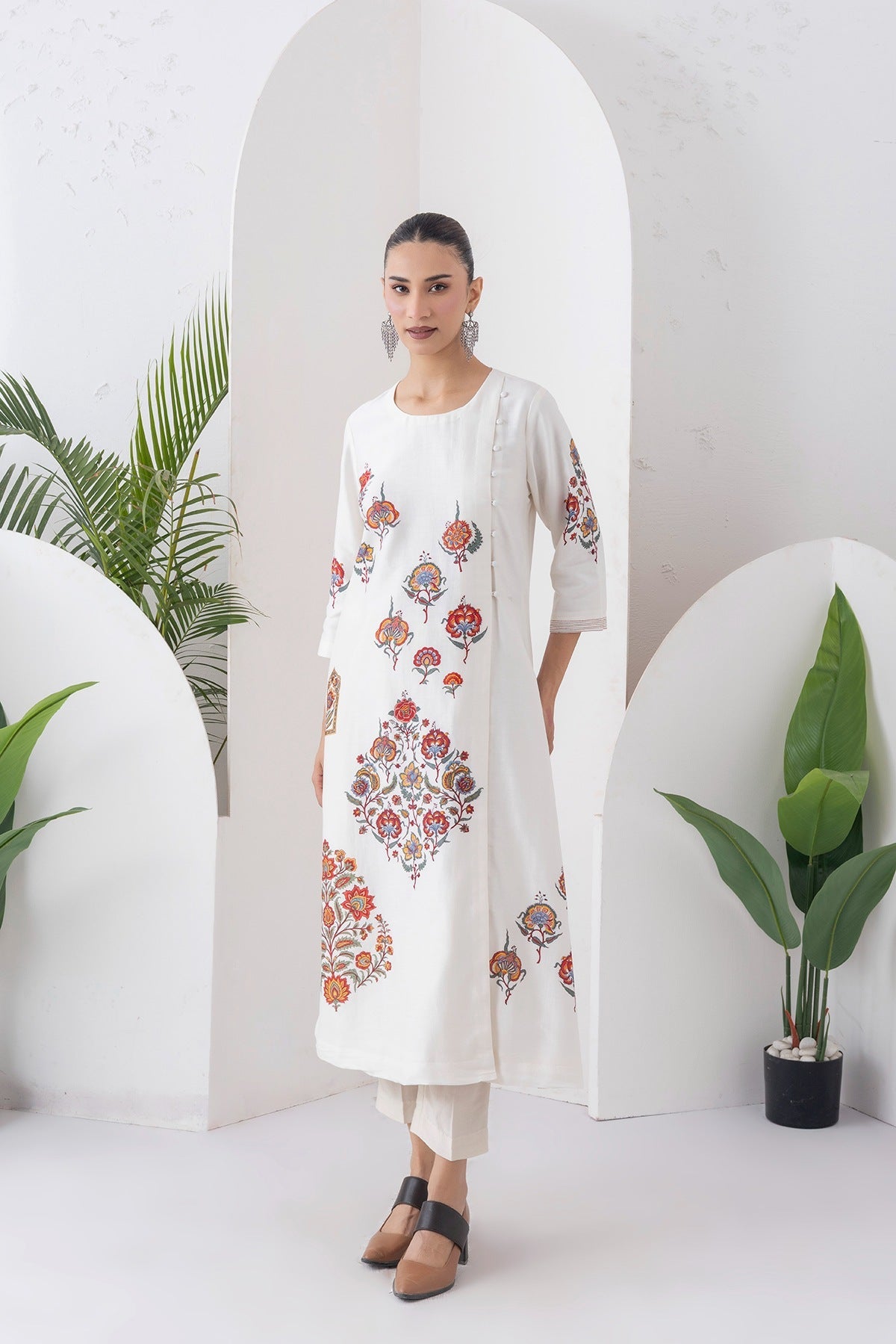 Ivory Silk Chanderi Printed Side Panel Dress Set (2 PCS)