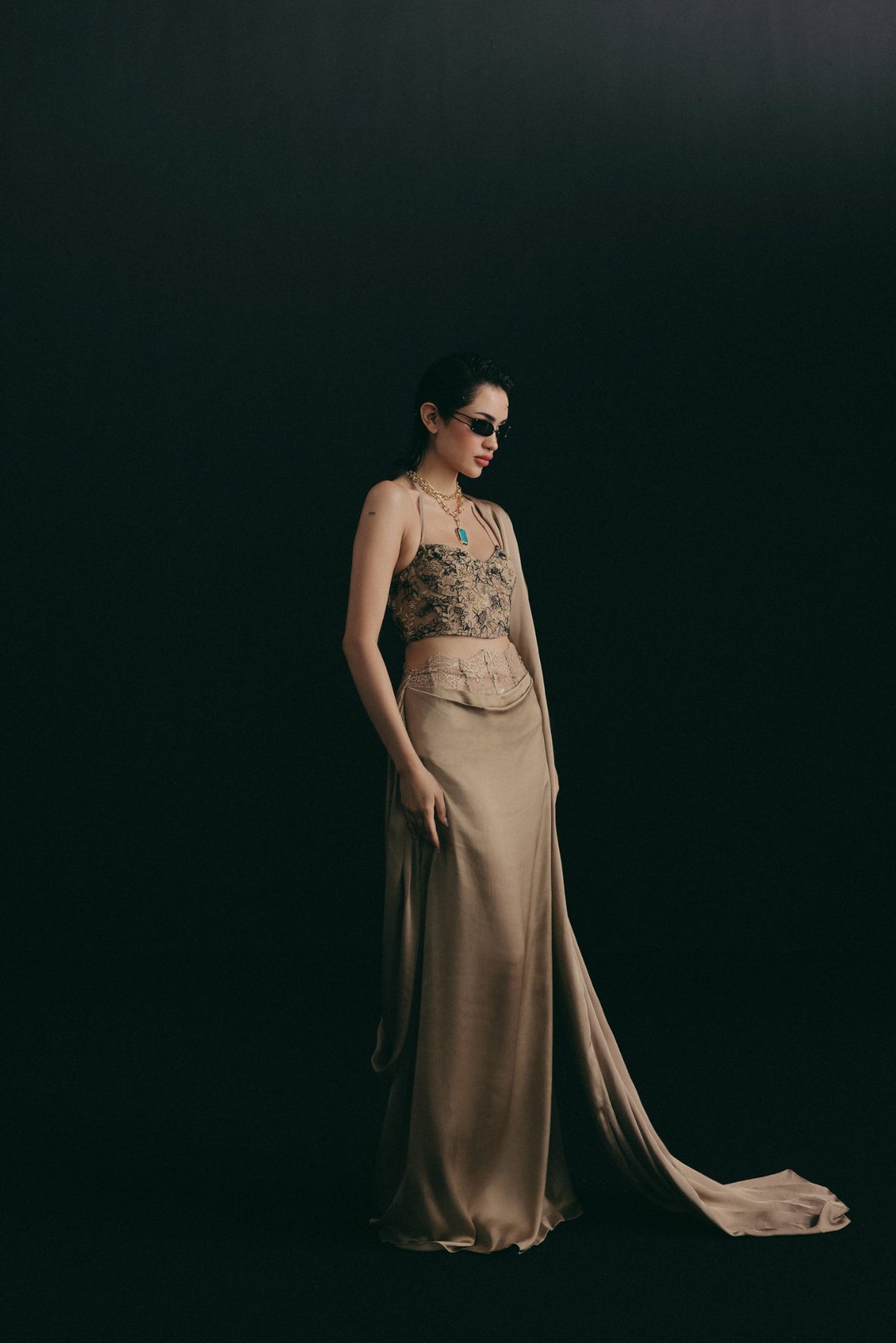 Cutdana & Dori Embroidery, Soft Tulle & Satin with Corded Lace, Skirt Set, Corset Silhouette