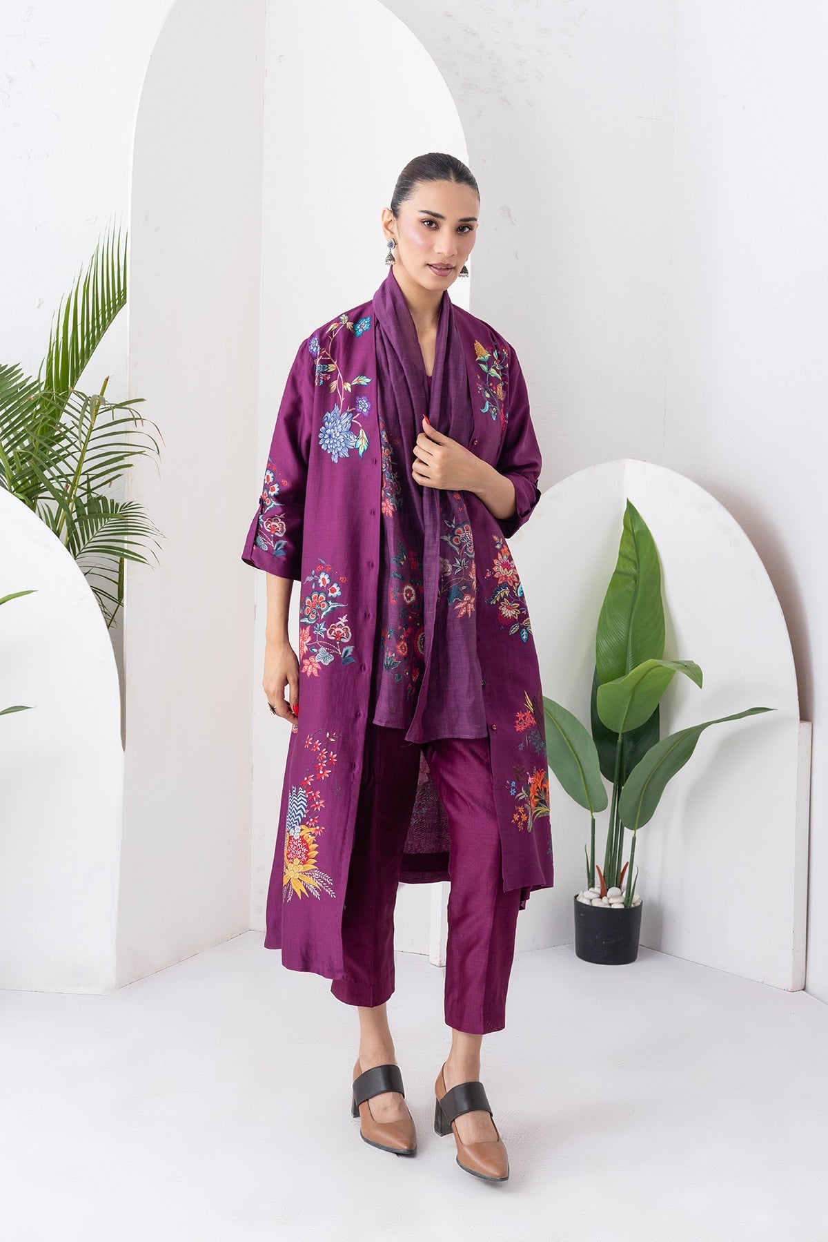 Wine Silk Chanderi Printed High-Low Dress Set (3 PCS)