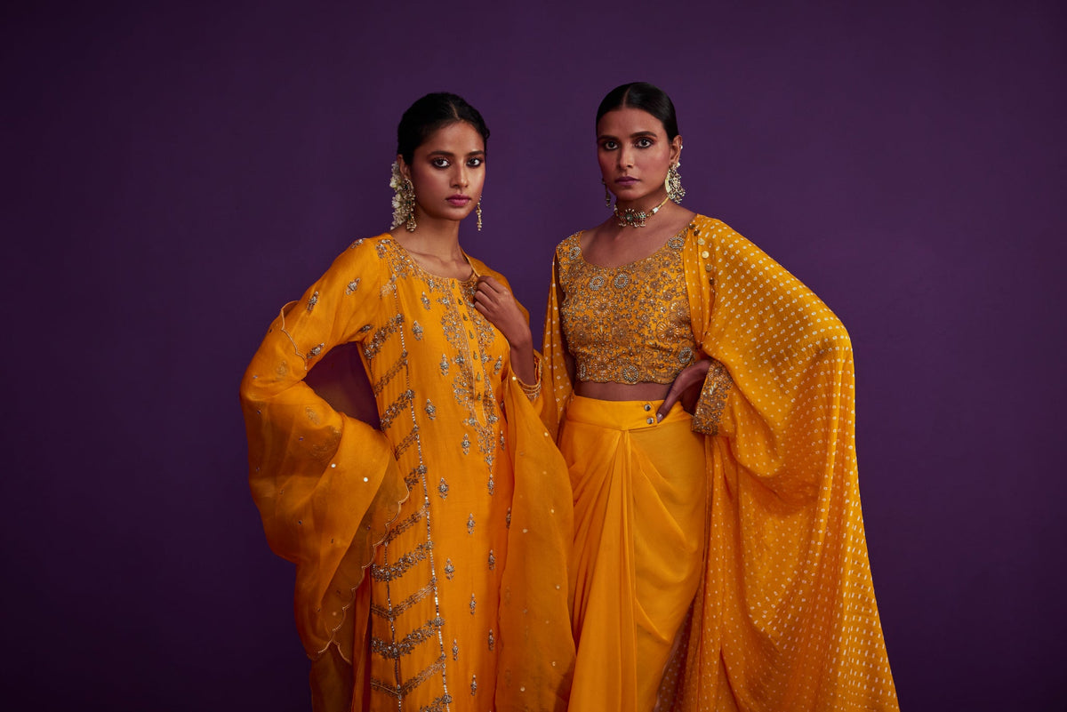 Bandhani Cape Set With Heavily Embroidered Crop Top