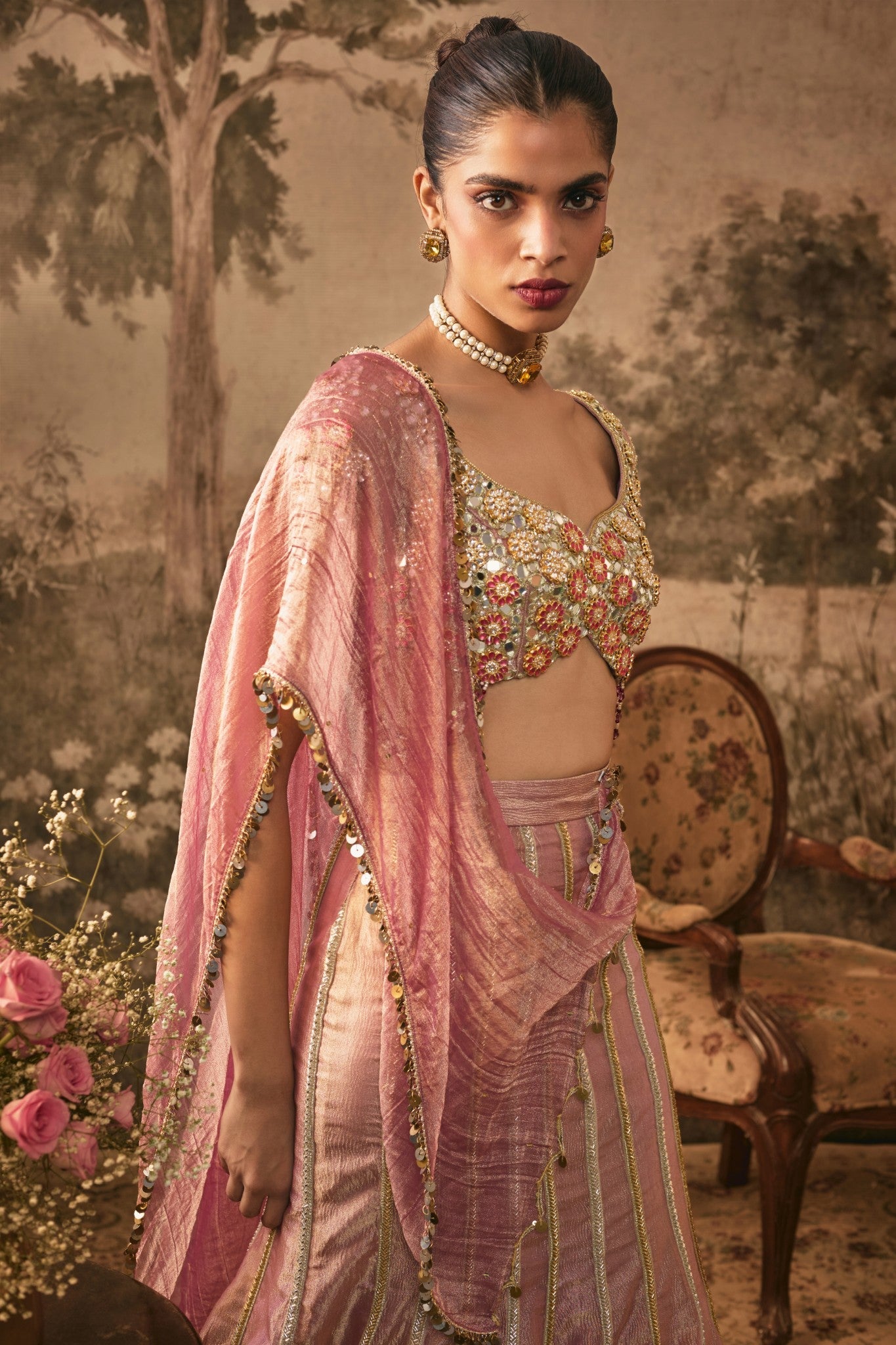 Dusty Rose Metallic Tissue Lehenga Set