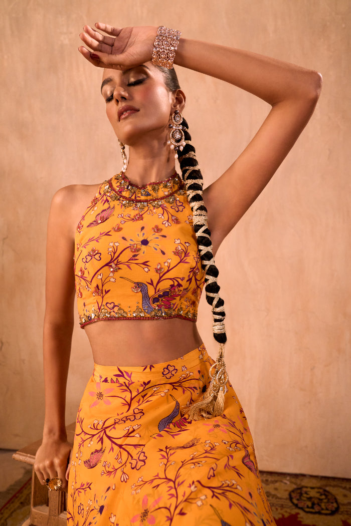 YELLOW PRINT EMBROIDERED HALTER CHOLI AND LAYERED LEHENGA SKIRT SET - image 6