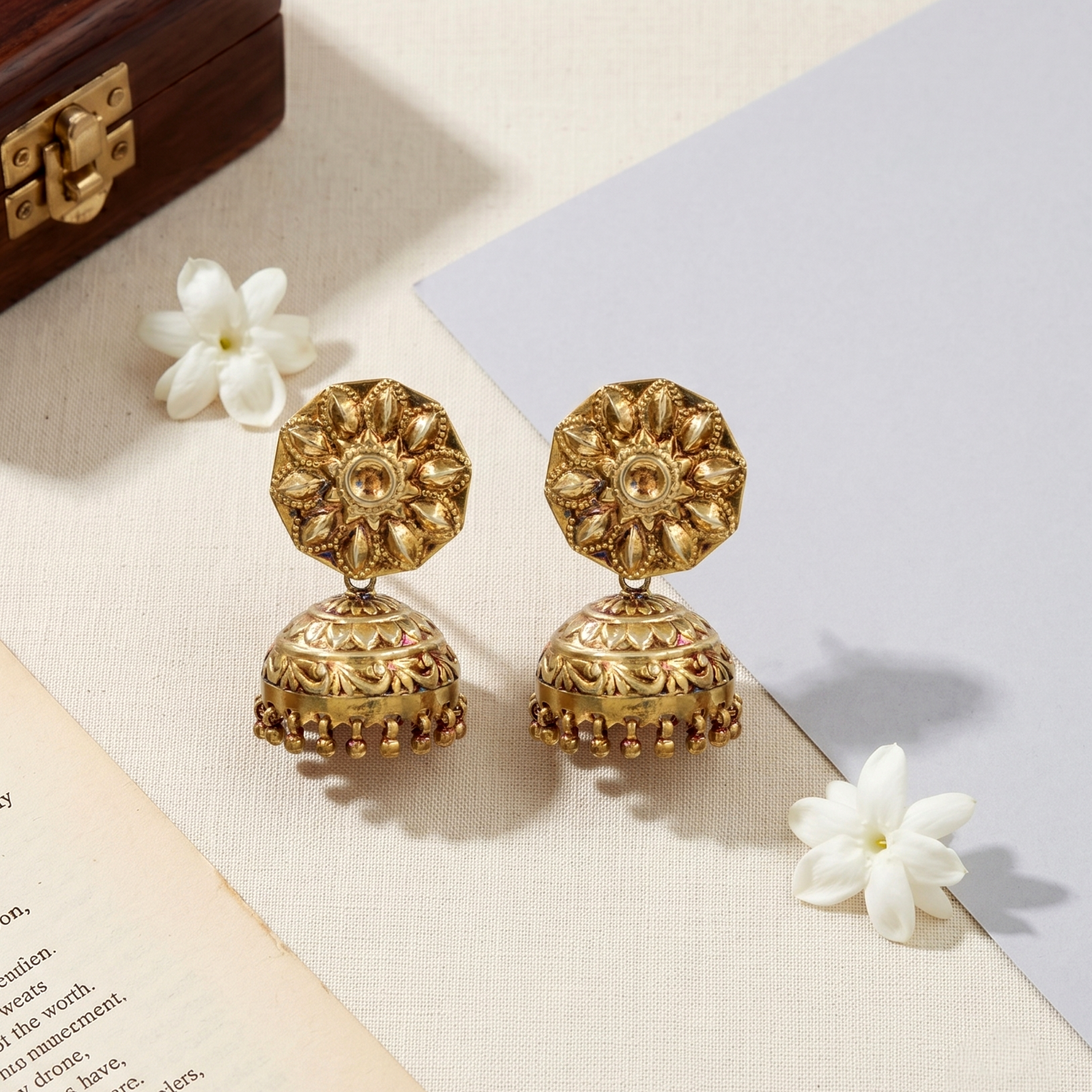 Sangeeta Boochra Floral Motif Gold Plated Jhumka Earrings