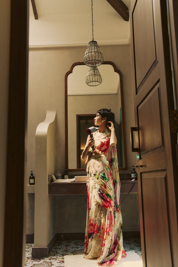 MULTICOLORED PRE DRAPED SAREE SET