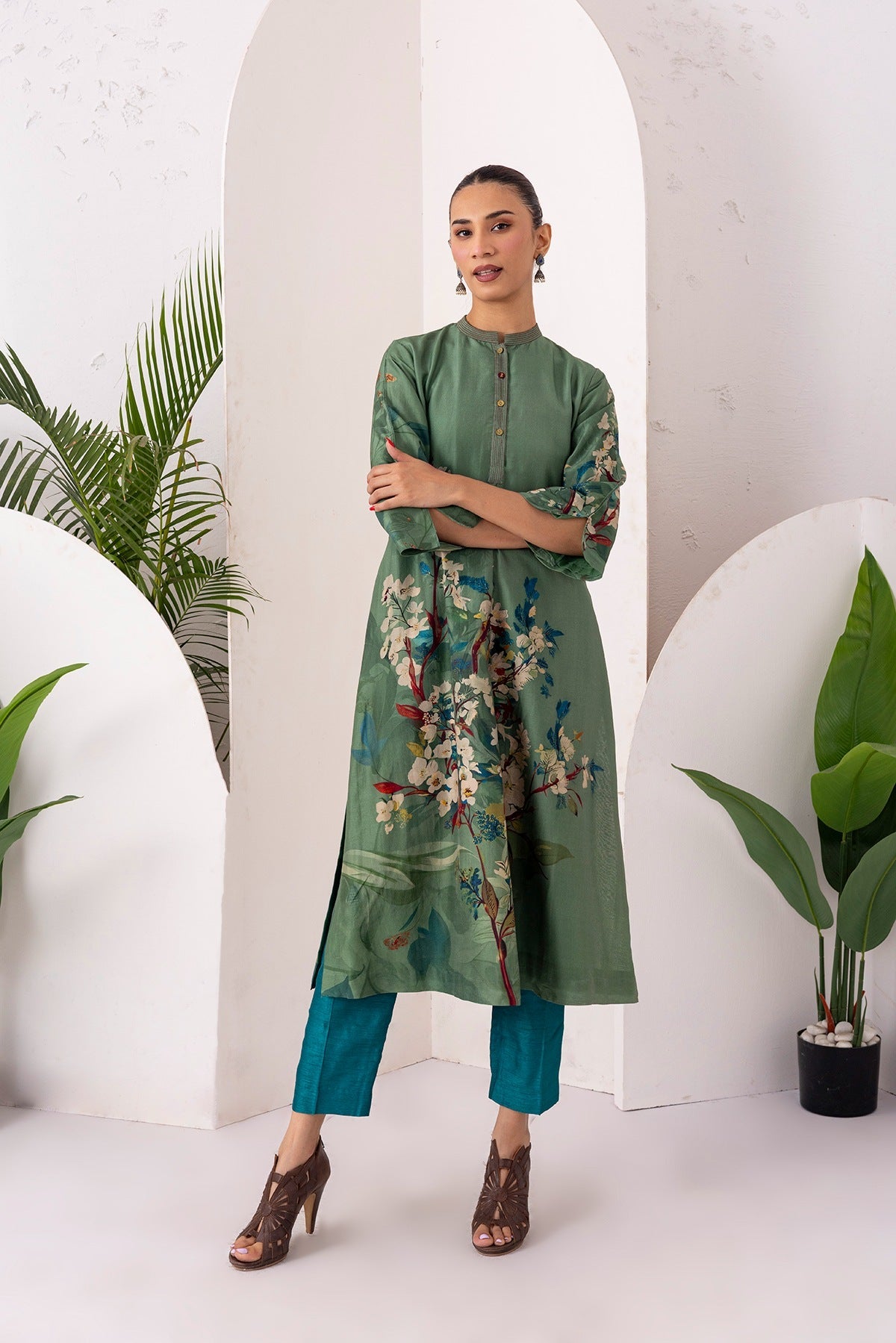 Sage Green Silk Chanderi Printed Front Pleat Tunic Set (2 PCS)