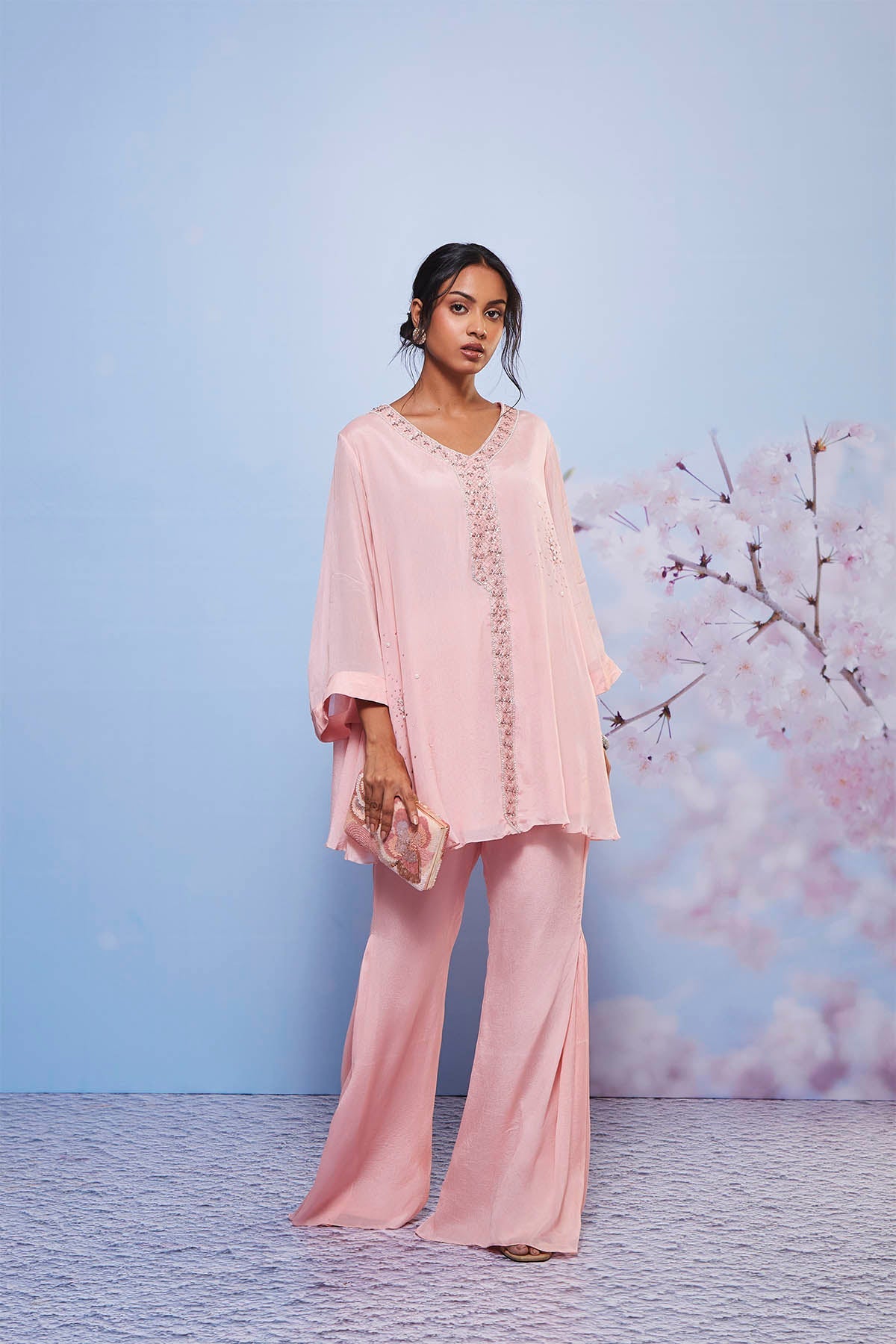 Aleena Baby Pink Embroidered Chiffon A-Line Kurta Set