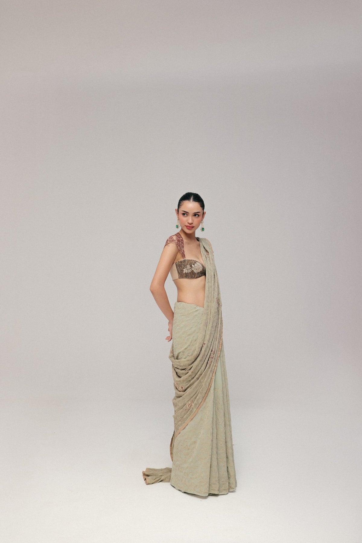 Zardosi Embroidery, Silk Georgette & Tulle, Saree Set, Crop Silhouette