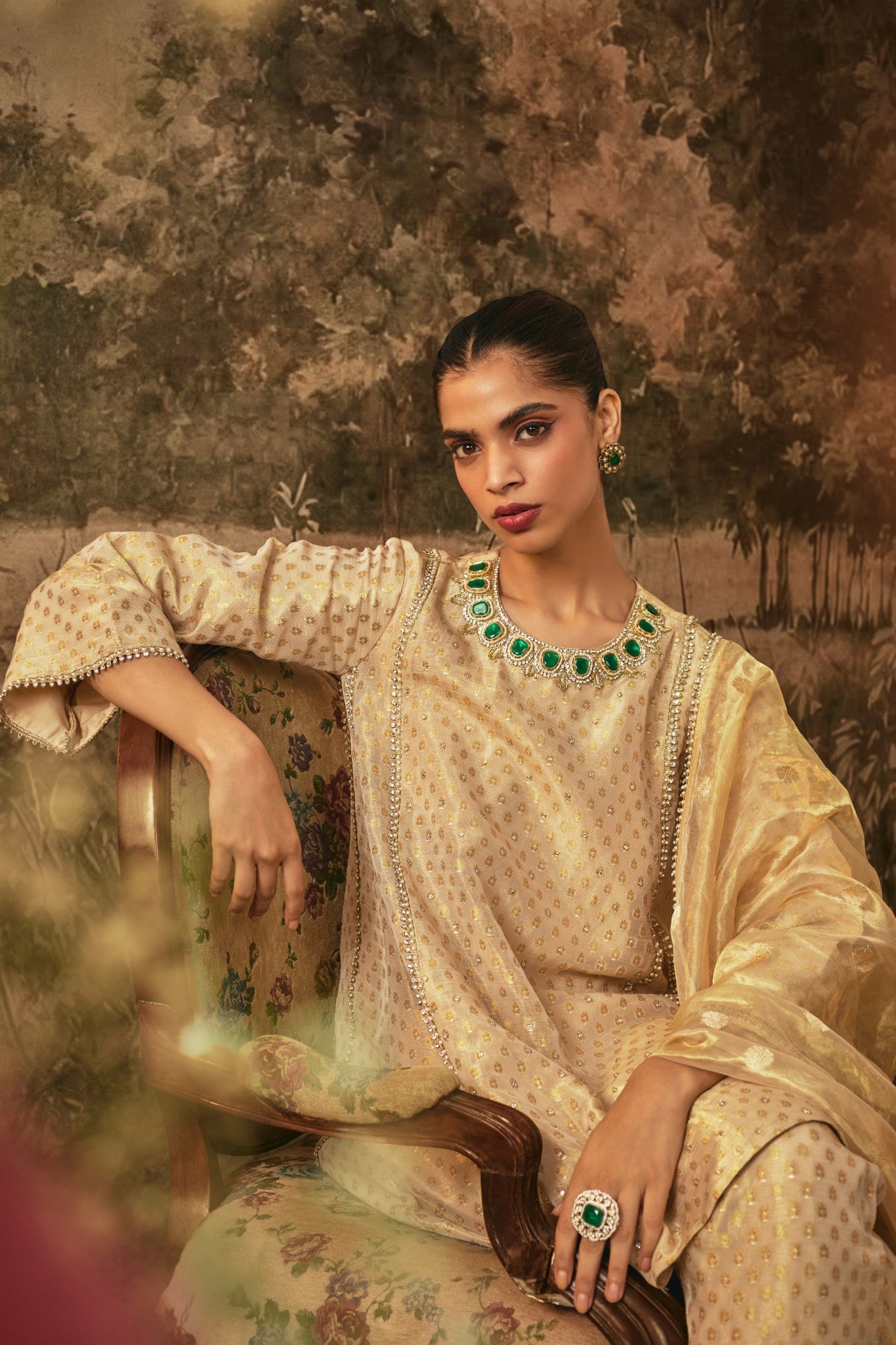Ivory Gold Metallic Tissue Kurta Set with Emerald Detailing