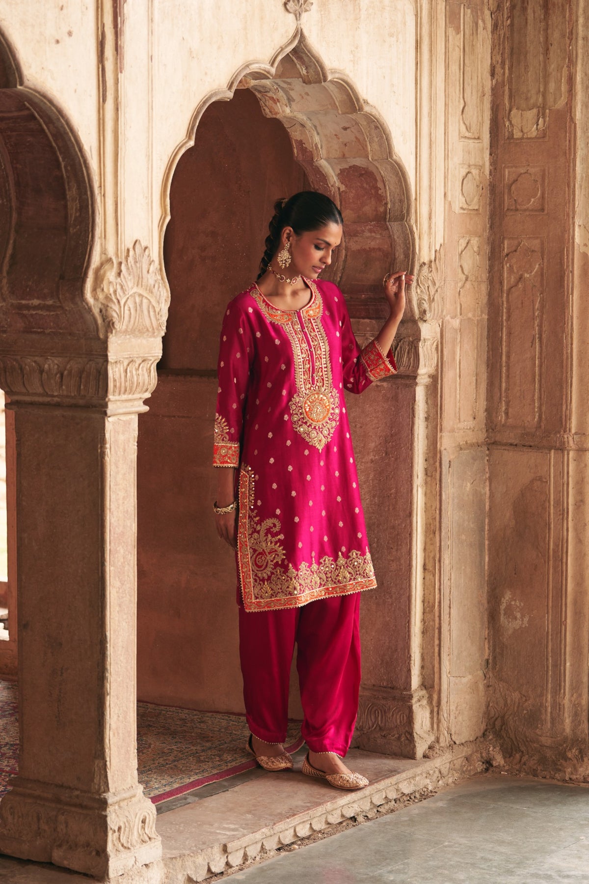 Hot Pink Silk Chanderi Banarasi Short Kurta with Dogri Salwar