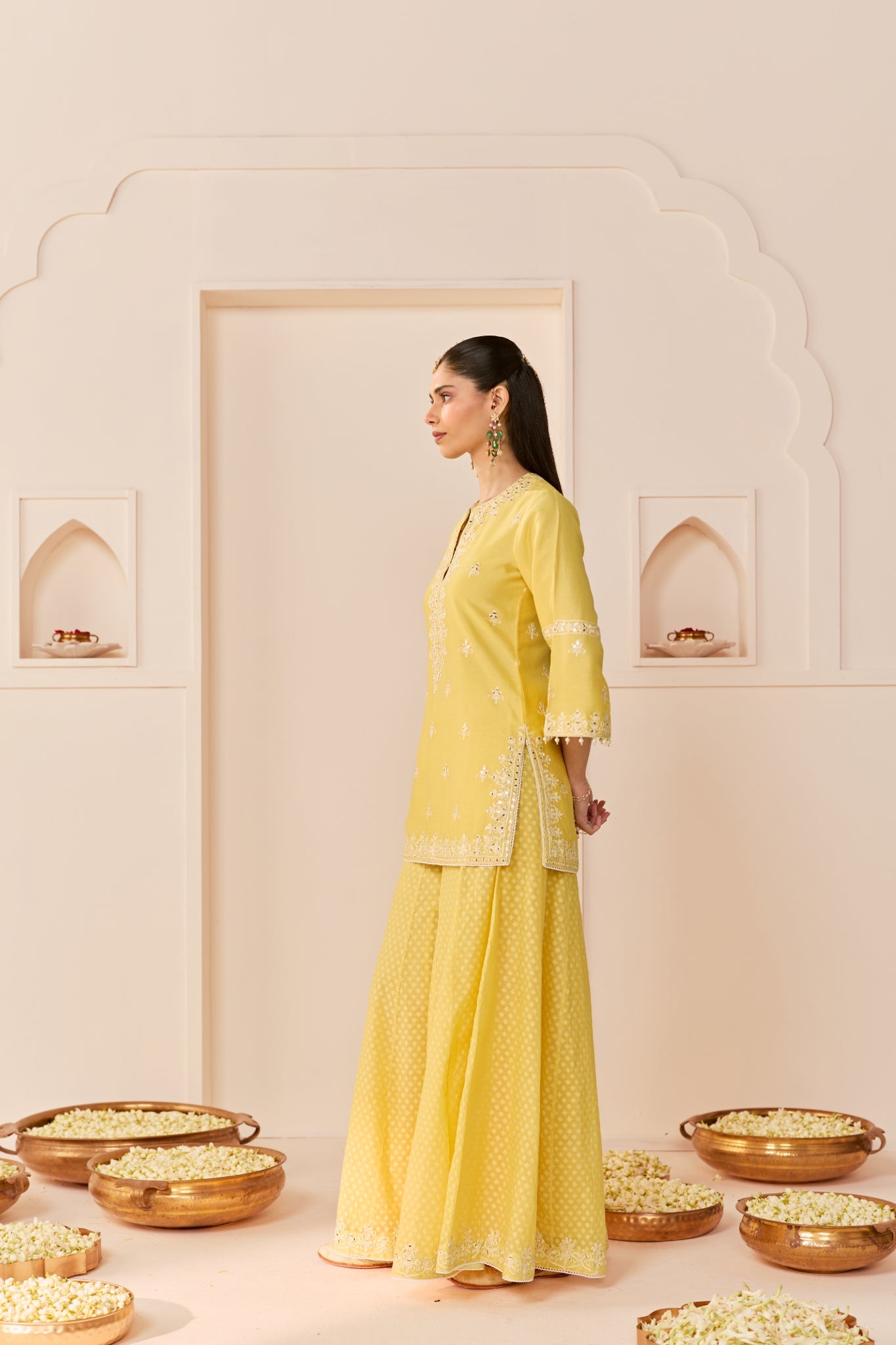 REHMA - LEMON YELLOW SHORT KURTA WITH SHARARA AND DUPATTA