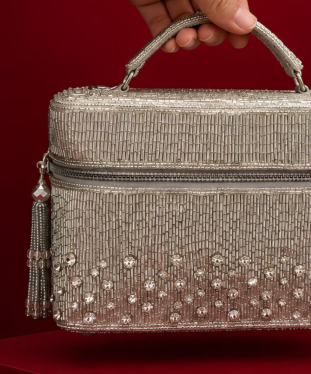 Cally Silver Suede Embroidered Vanity Bag