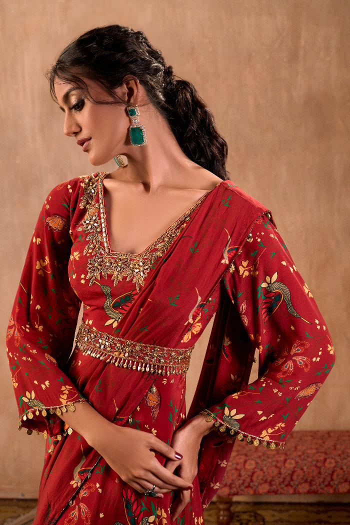 RED PRINT EMBROIDERED ANARKALI WITH DRAPE AND BELT SET - image 6