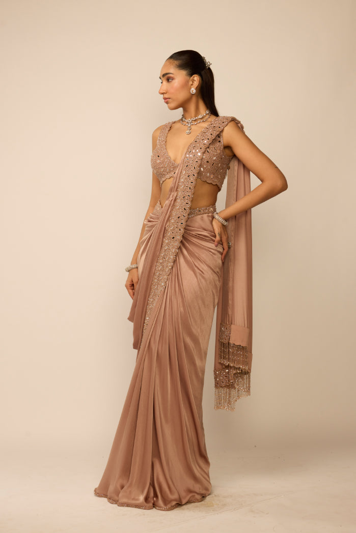 Bronze Ros� Satin Draped Saree Set