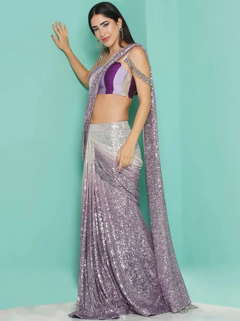 Ombre Sequin Drape Saree & stripe Blouse