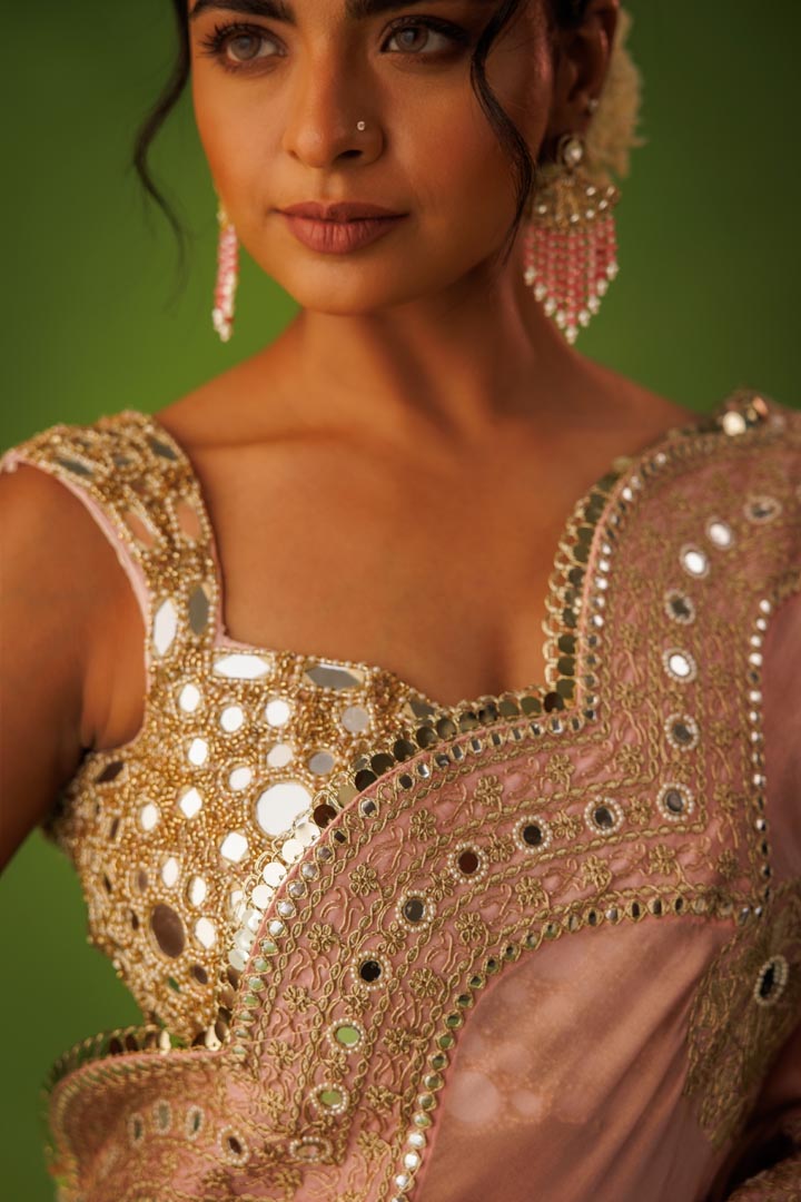 Baby pink mirror work saree set