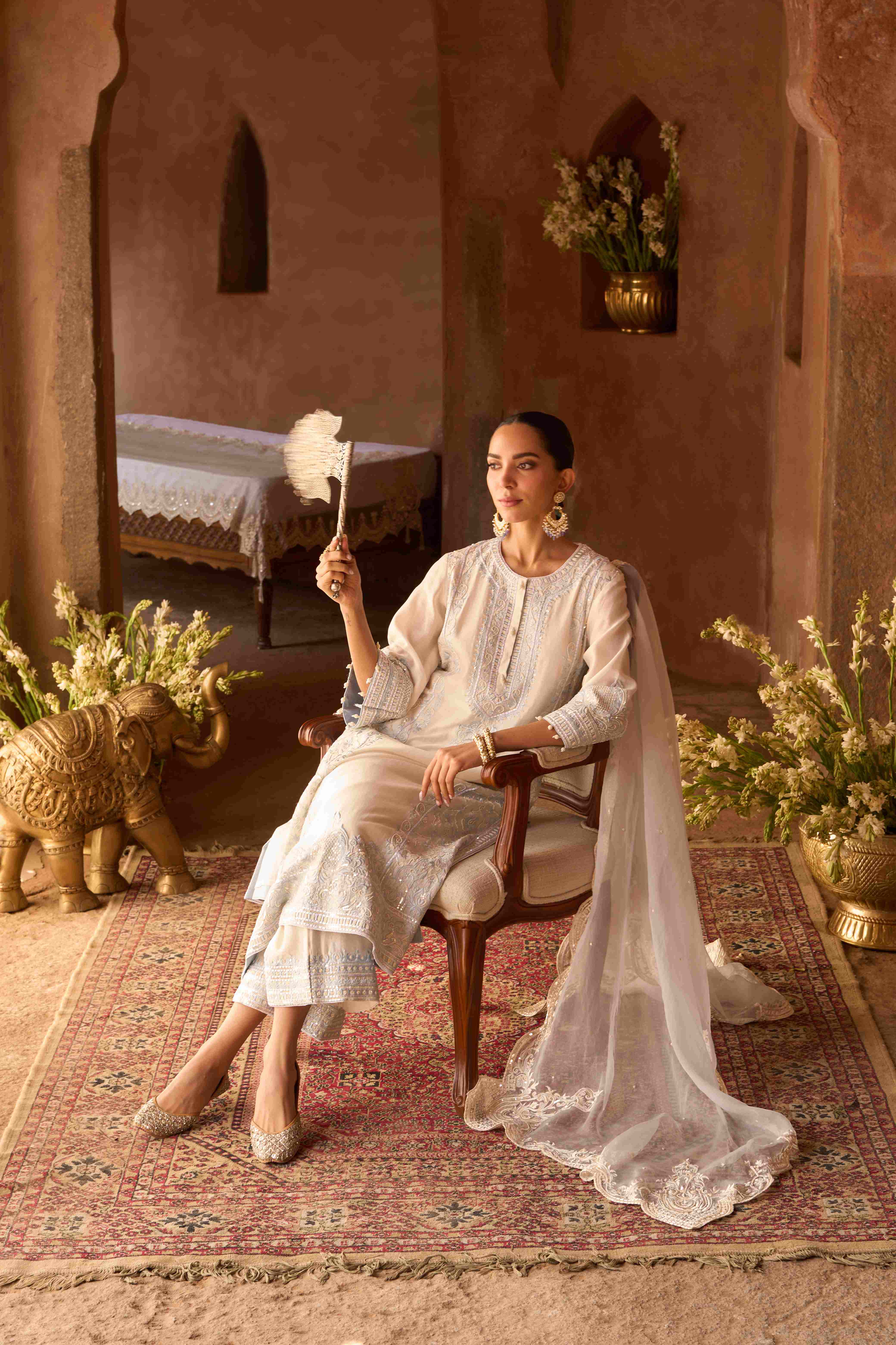 ENA - DAISY IVORY WITH BLUE LONG A-LINE KURTA WITH PALAZZO AND DUPATTA
