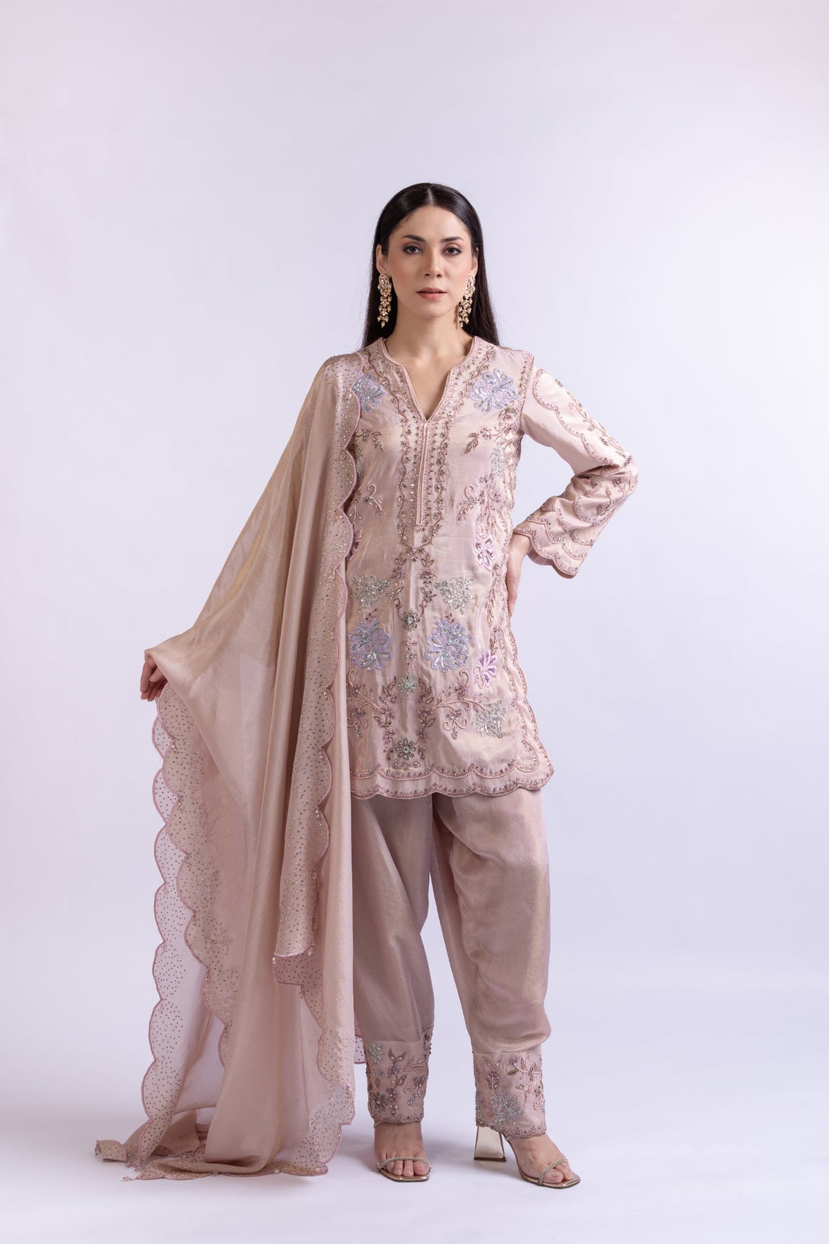 Blush Pink Tissue Embroidered Shirt Set with Dupatta