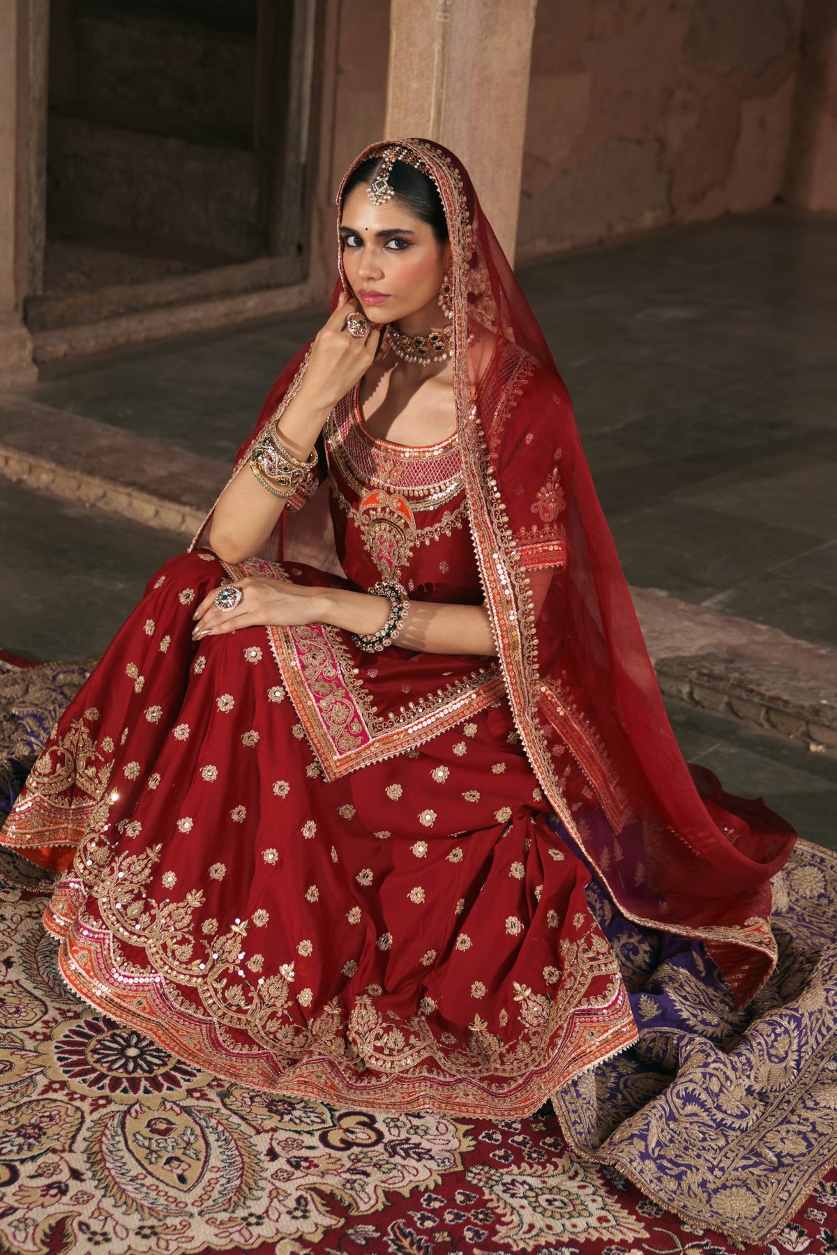 Deep Red Banarasi Short Kurta and Sharara Set with Dupatta