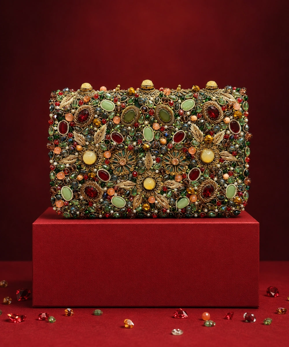 Noorani Multicolor Suede Embellished Clutch