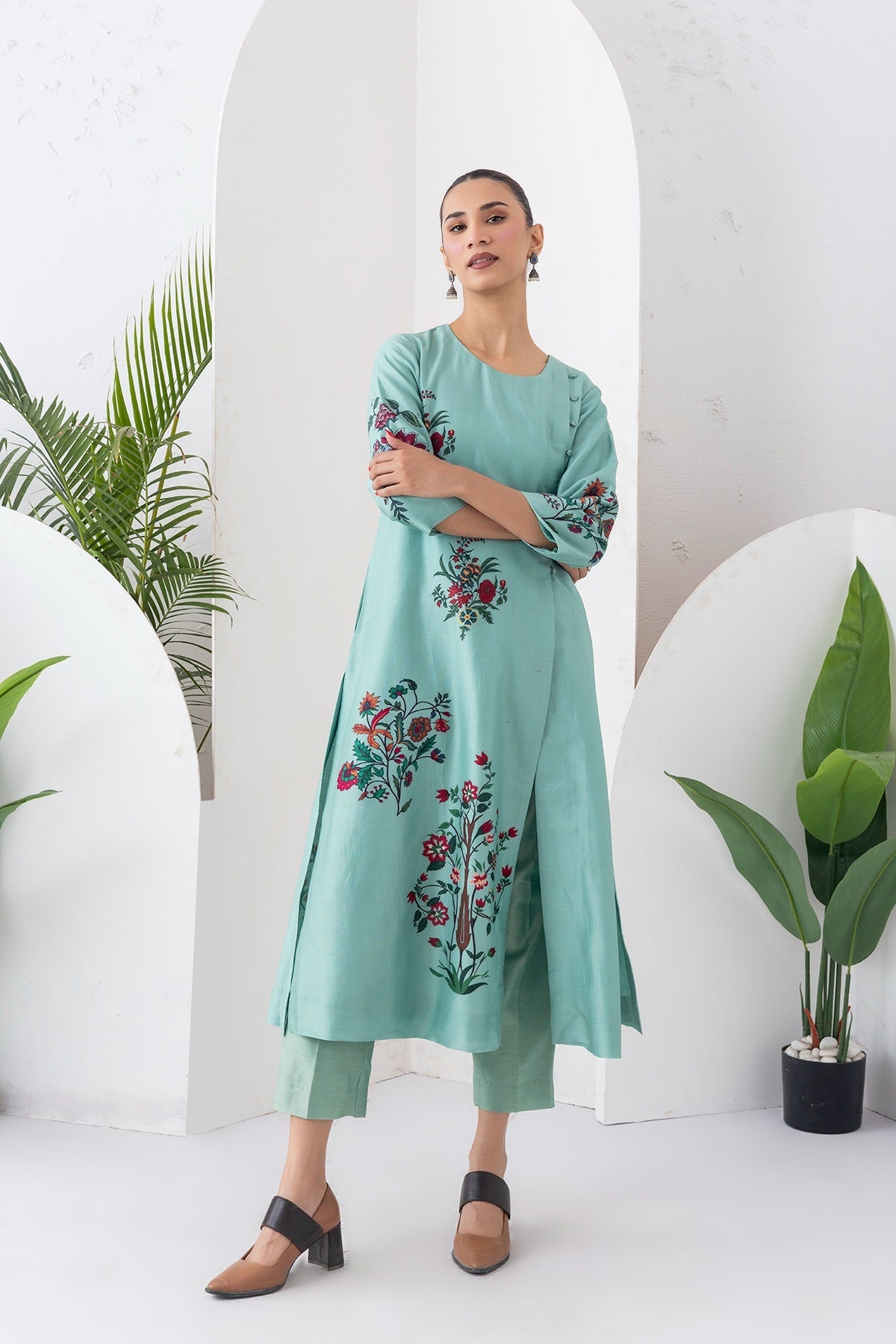 Mint Silk Chanderi Floral Boota Printed Dress Set (2 PCS)