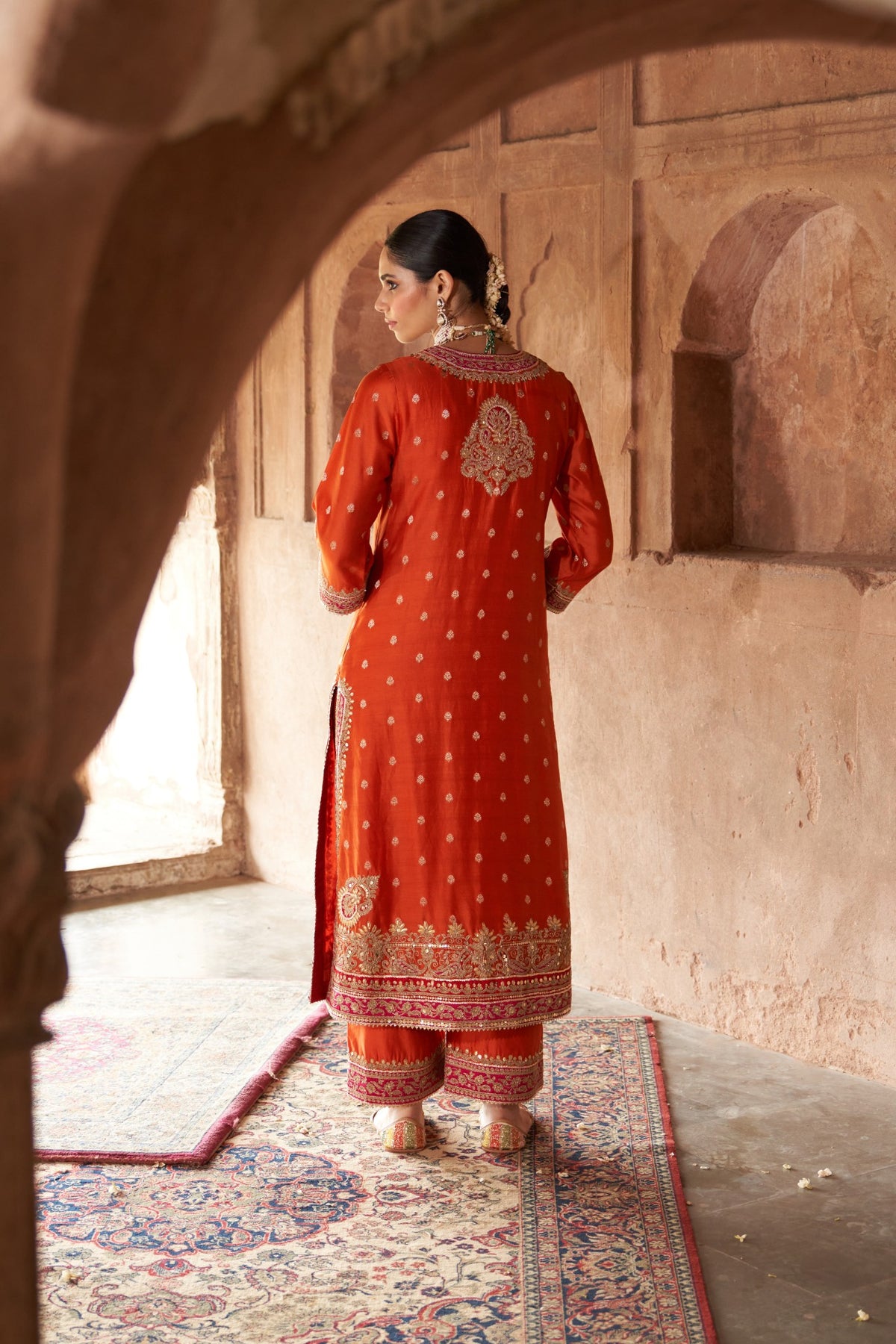 Burnt Orange Embroidered Kurta Set with Silk Organza Dupatta