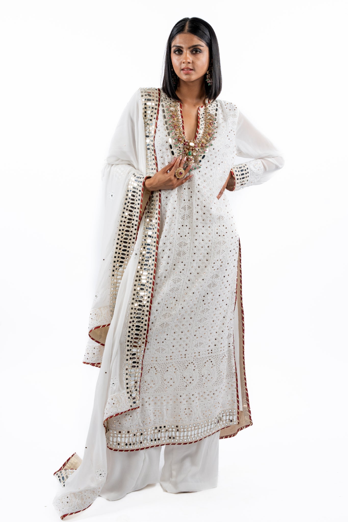 Ivory Mirrorwork Anarkali Set