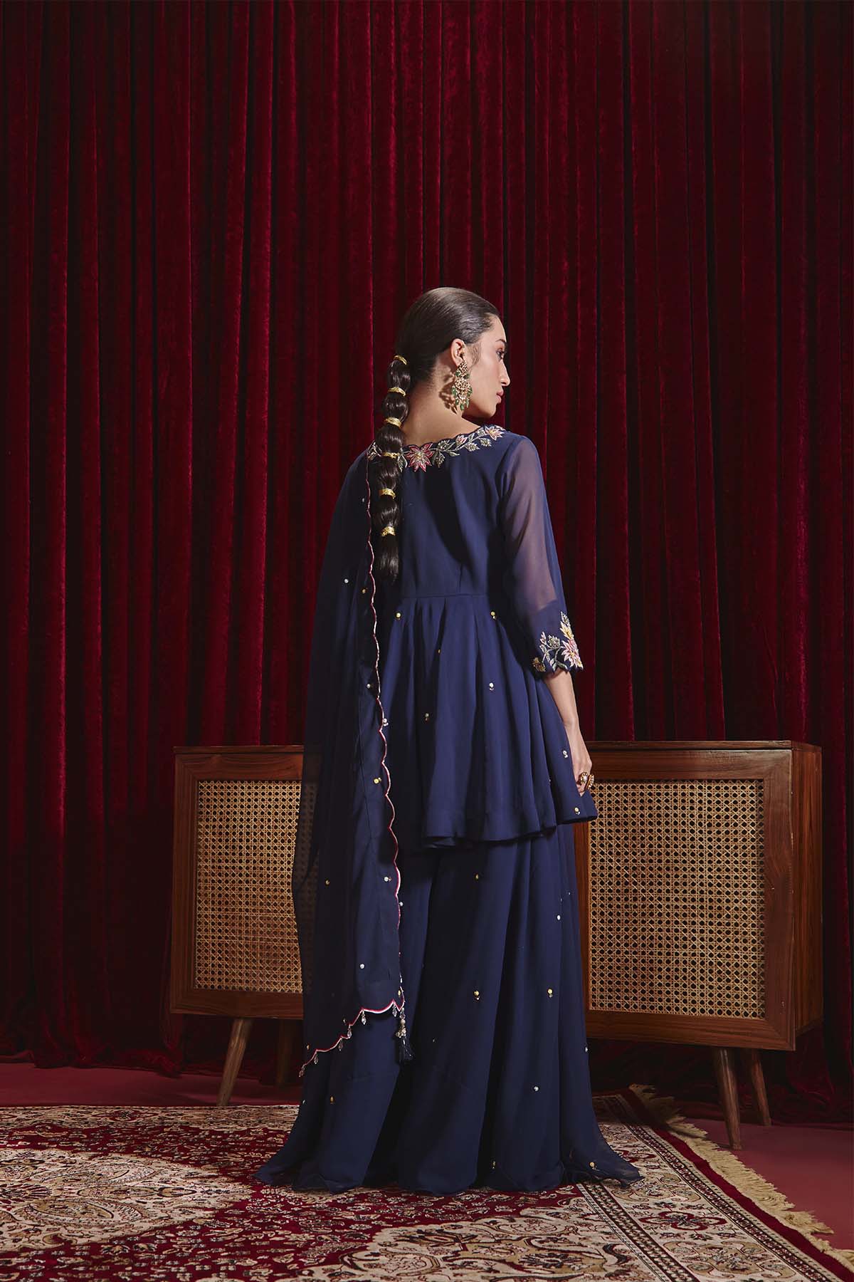 Navy Blue Embroidered Peplum Kurta with Sharara & Organza Dupatta