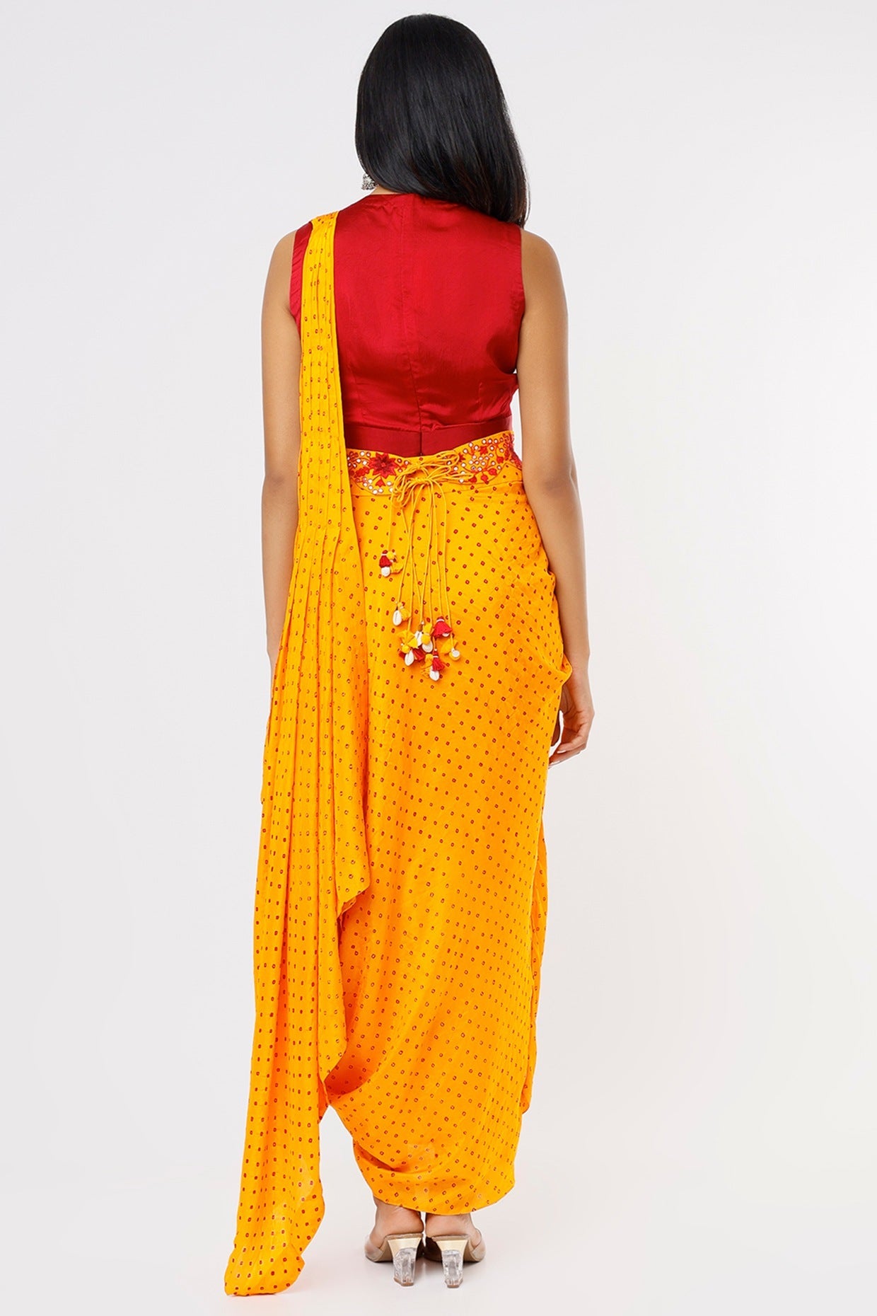 Black red bandhni drape saree