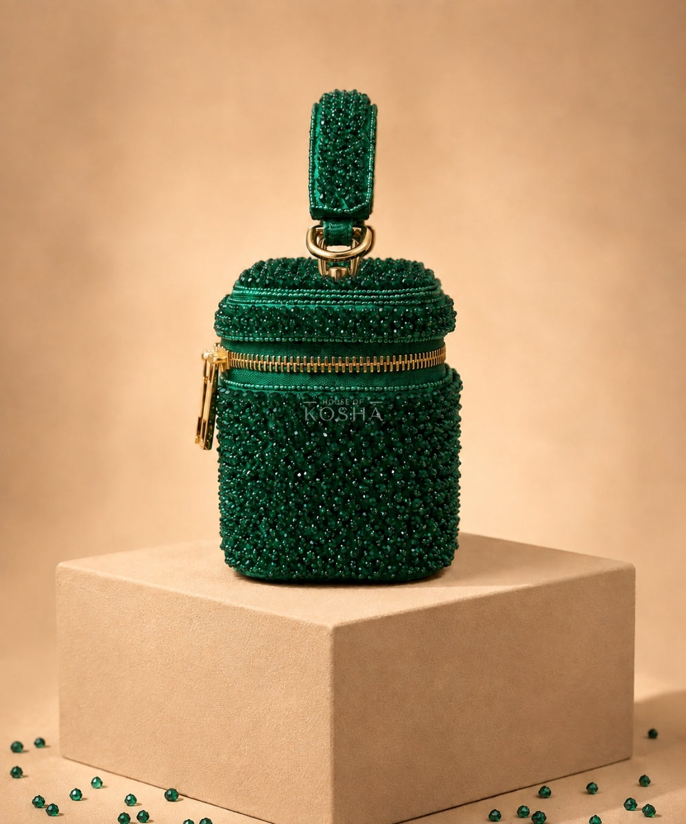 Ziya Green Suede Embroidered Vanity Bag