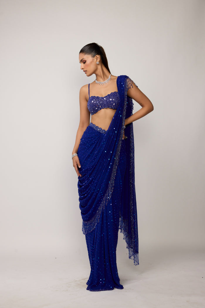 Cocktail Blue Sequins Embroidered Saree Set