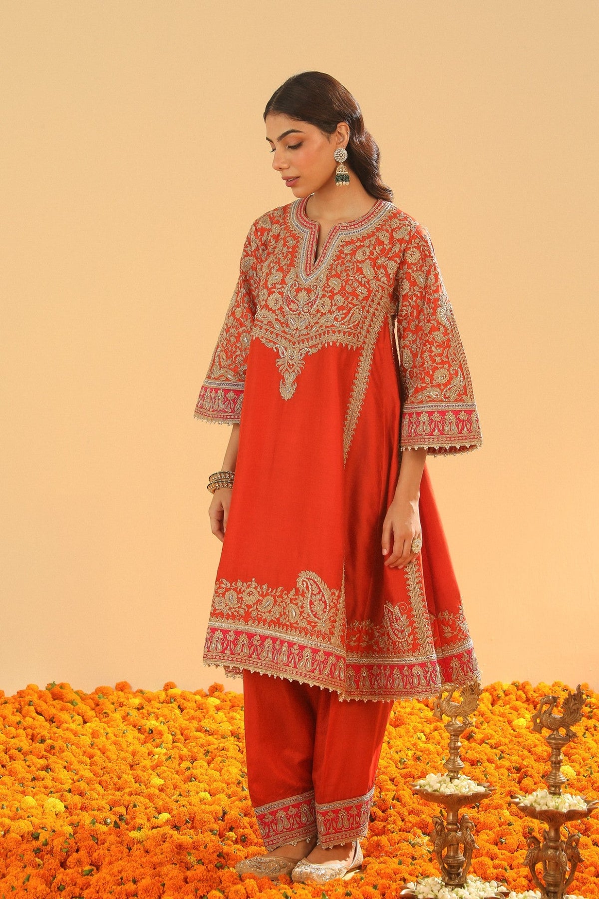 Irha - Burnt Orange Knee Length Kalidaar Chauga with Salwar and Khada Dupatta
