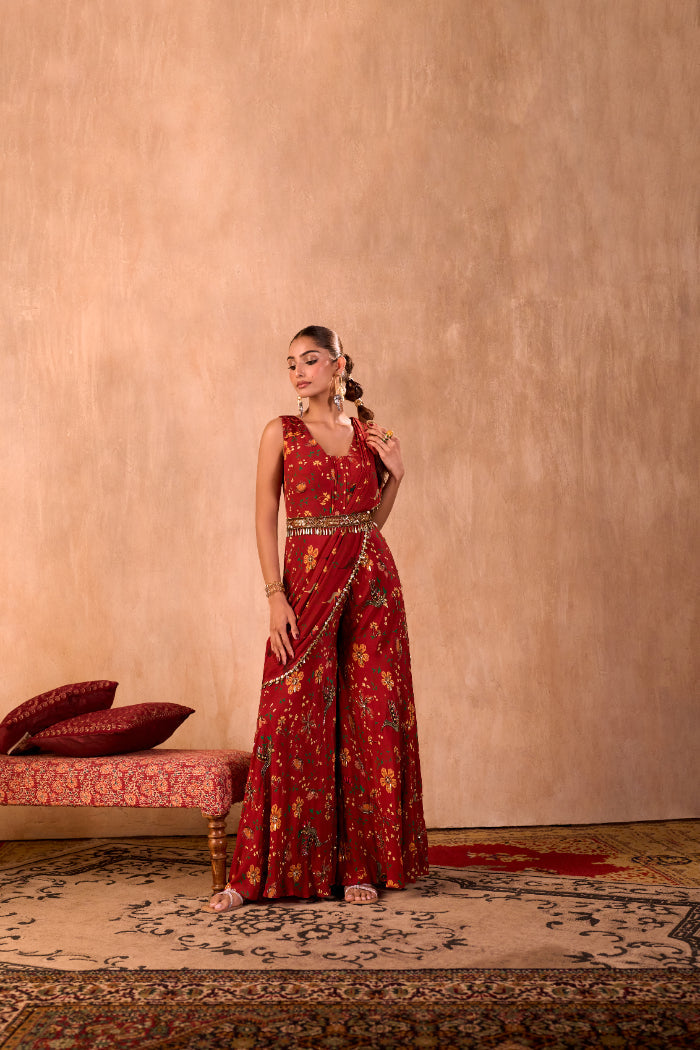 RED PRINT EMBROIDERED JUMPSUIT WITH DRAPE AND BELT SET - image 6