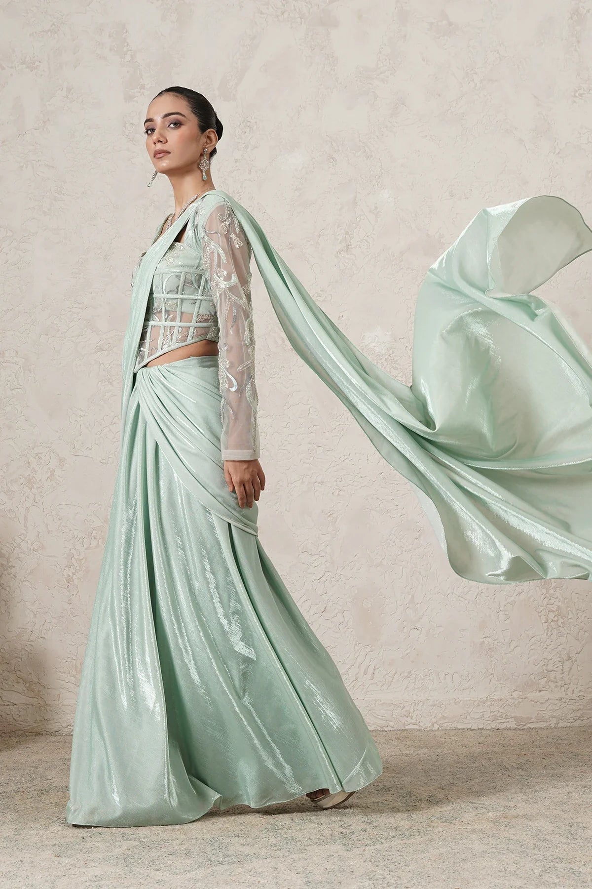 Jharokha Pre-Draped Saree with Hand-Embroidered Corset Blouse | Mint Green |  Women | THETAA