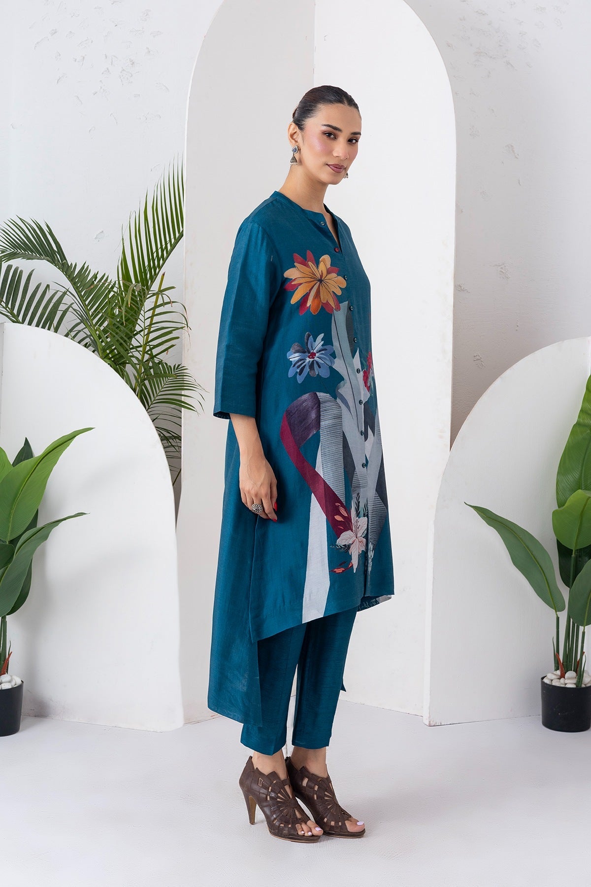 Indigo Silk Chanderi Printed High-Low Dress Set (3 PCS)