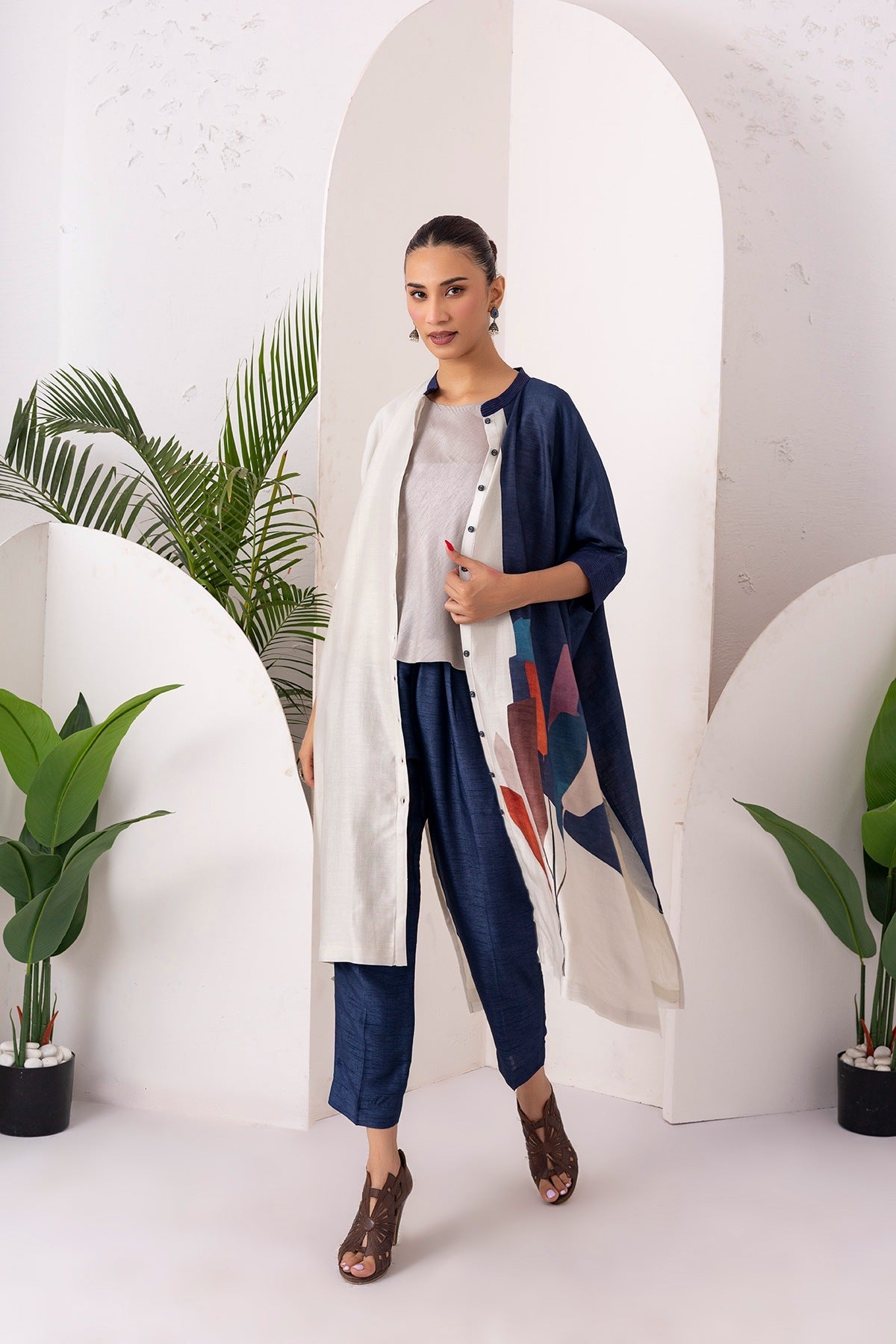Blue & Ivory Silk Chanderi Printed Kaftan Style Dress Set (3 PCS)