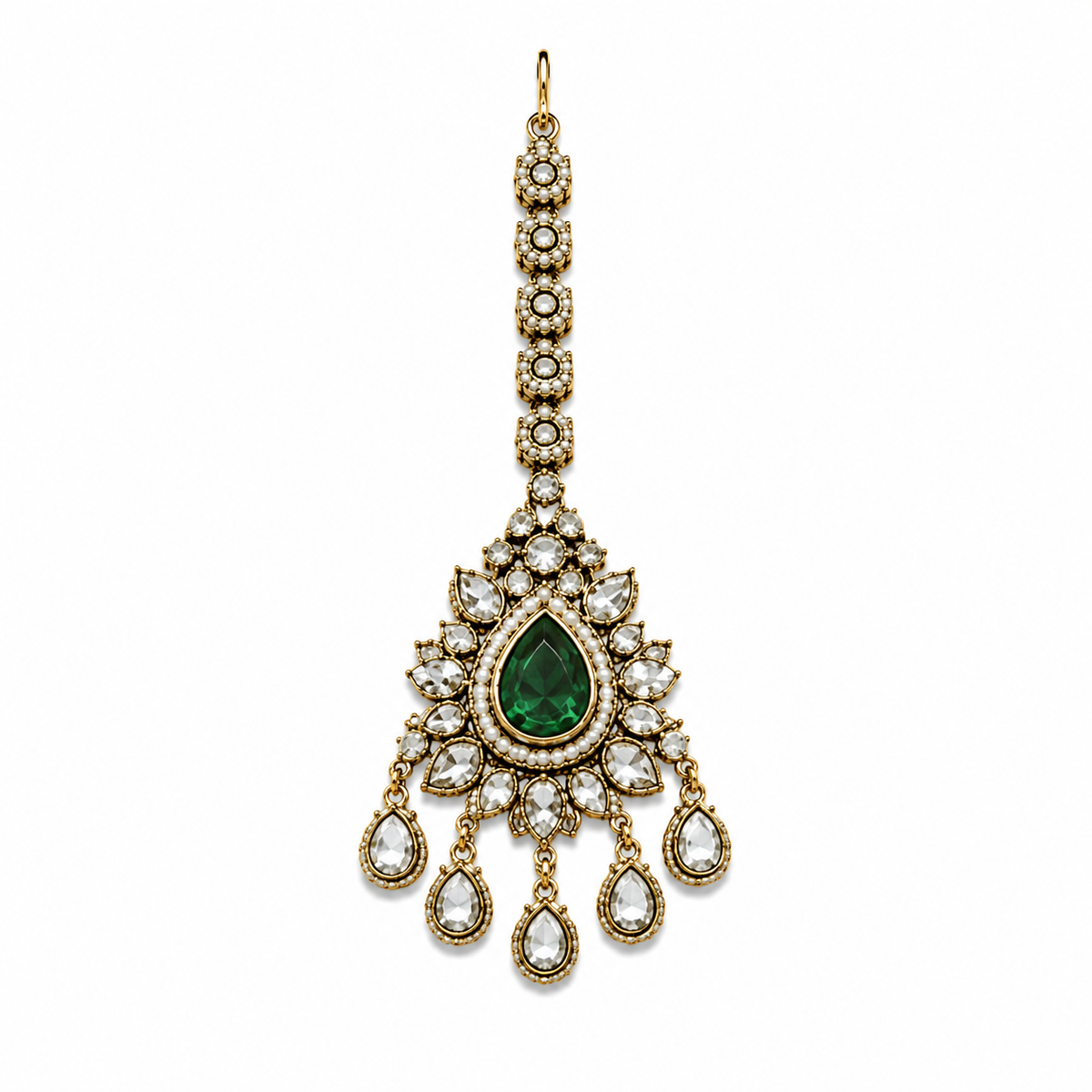 Emerald Green Bridal Polki Necklace Set with Maang Tikka & Statement Earring