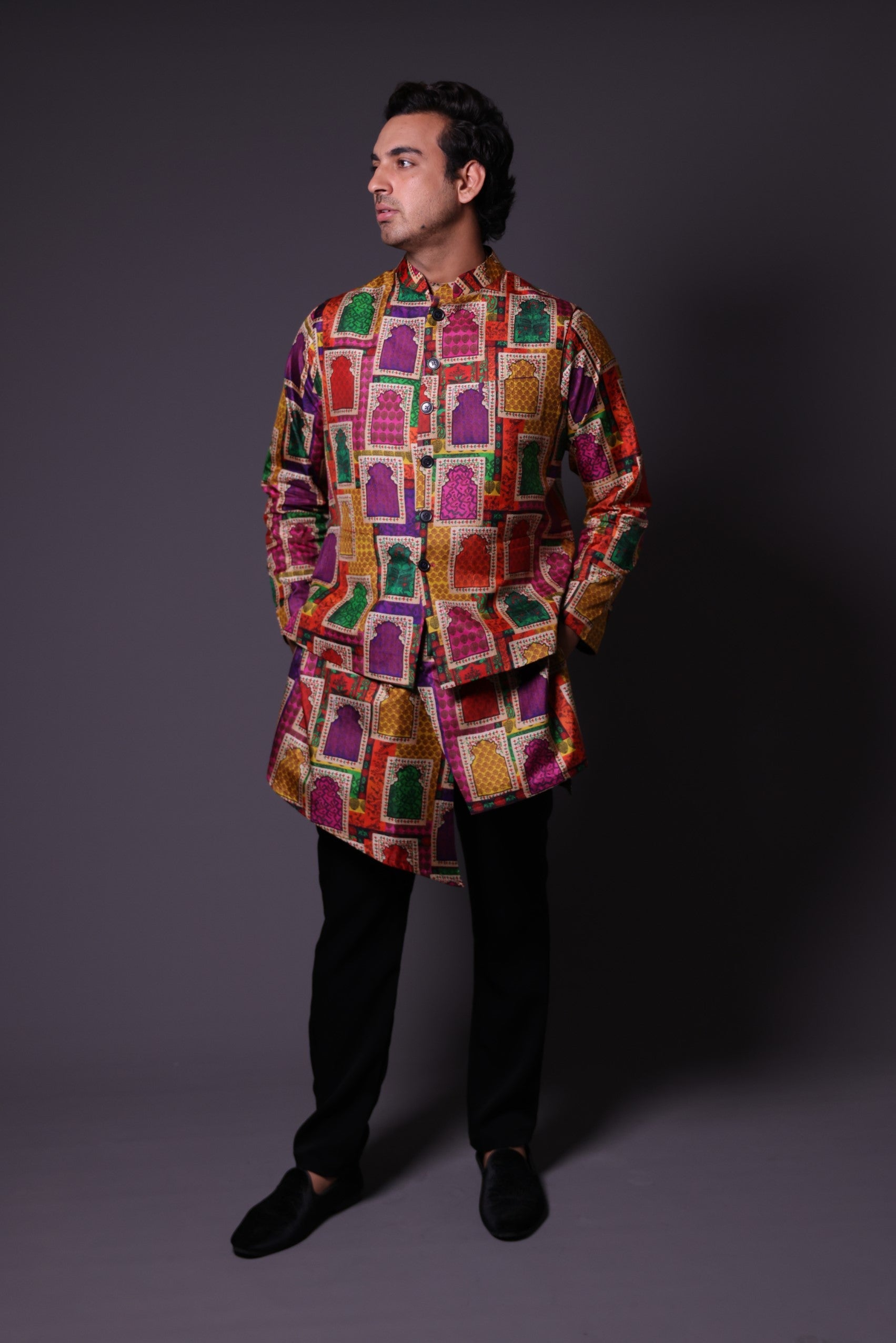 Nehru Jacket with asymmetrical
 kurta and pant