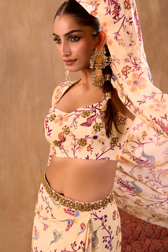 IVORY PRINT EMBROIDERED CHOLI, DRAPED SKIRT AND JACKET SET - image 6