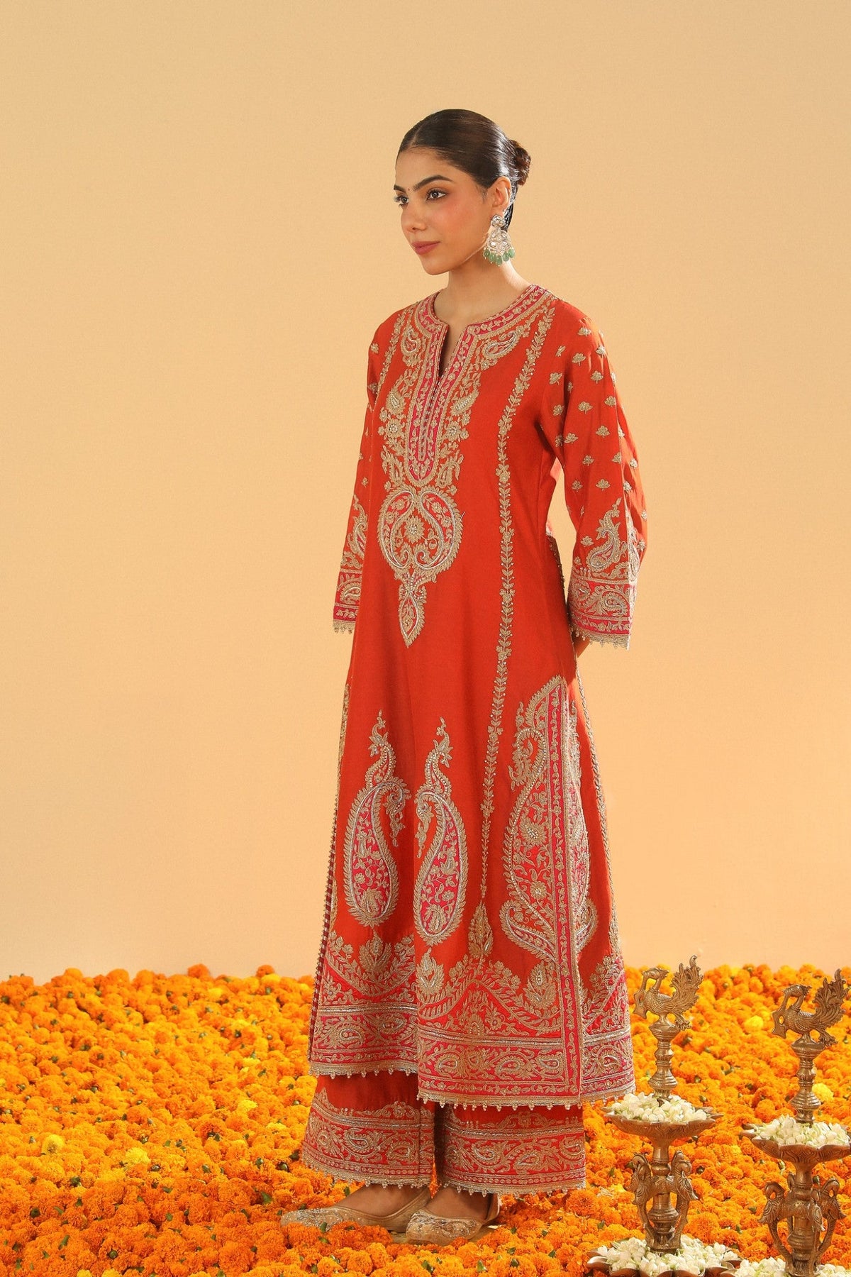 Misam - Burnt Orange Long A-line Kurta with Palazzo and Dupatta