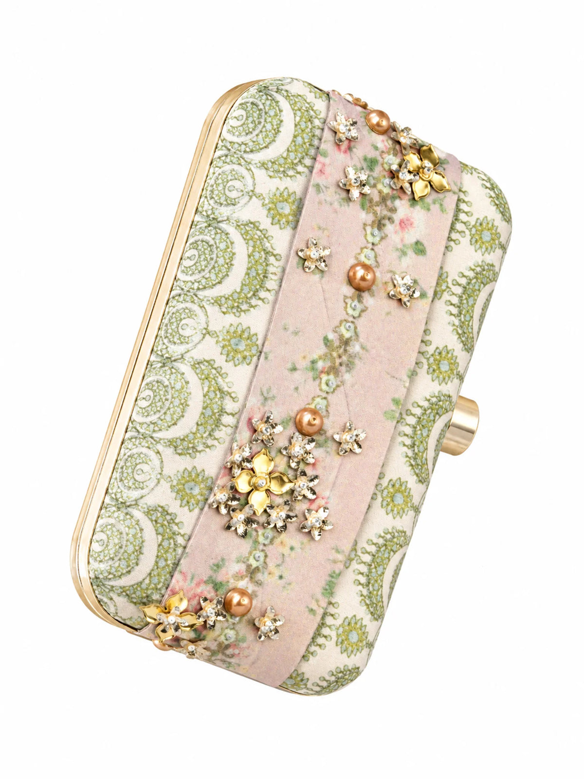 Pastel Floral Embellished Clutch Bag with Jewel & 3D Flower Detail