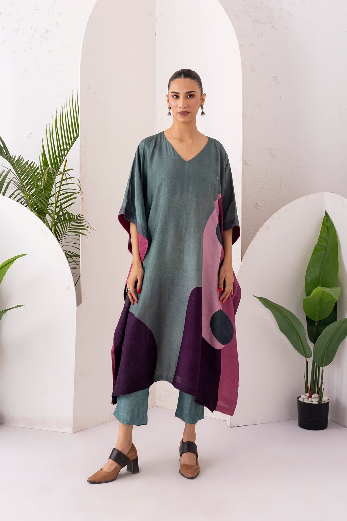 Sage Green & Salmon Pink Viscose Dupion Printed Kaftan Set (2 PCS)