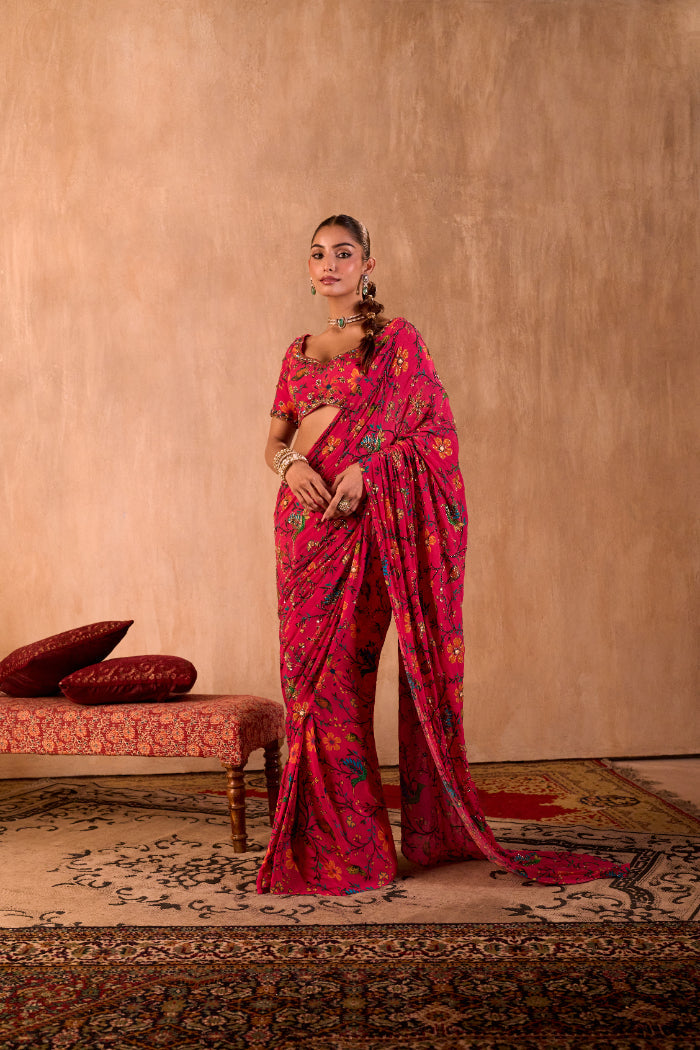 PINK PRINT CHOLI WITH EMBROIDERED SARI SET - image 6