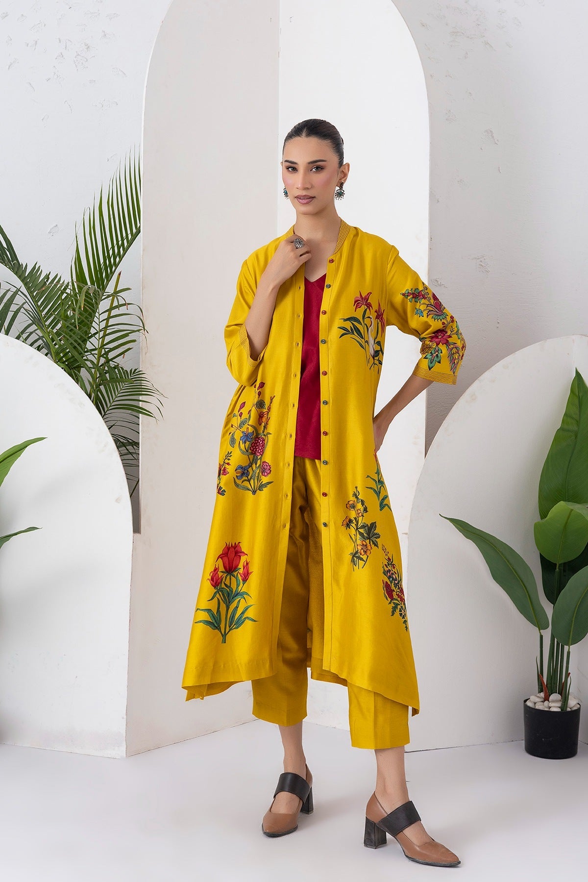 Yellow Silk Chanderi Floral Printed Front Open Dress Set (3 PCS)