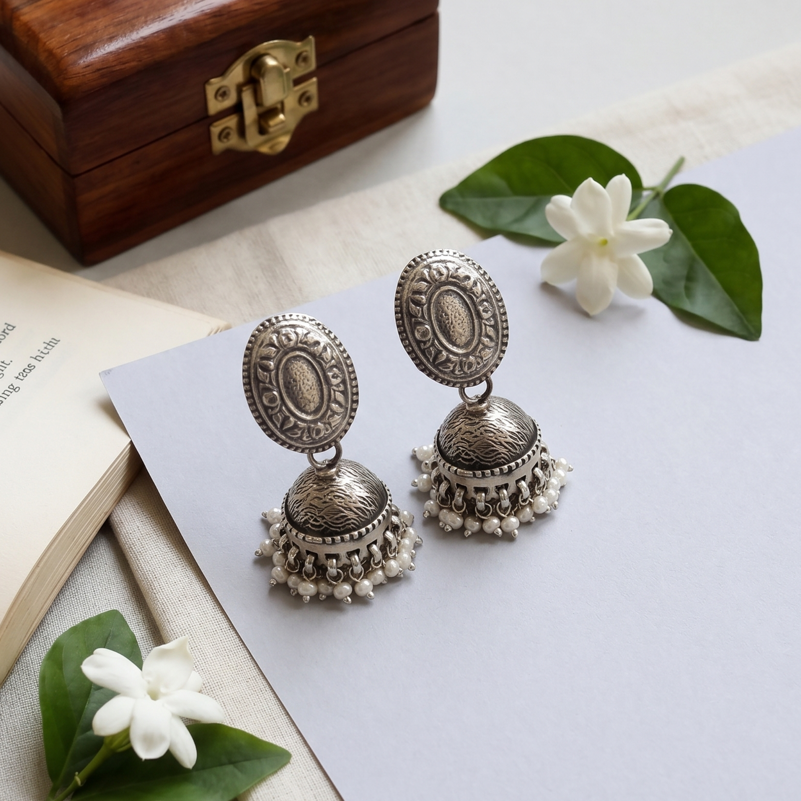 Sangeeta Boochra Handcrafted Oxidised Silver Pearl Jhumka Earrings