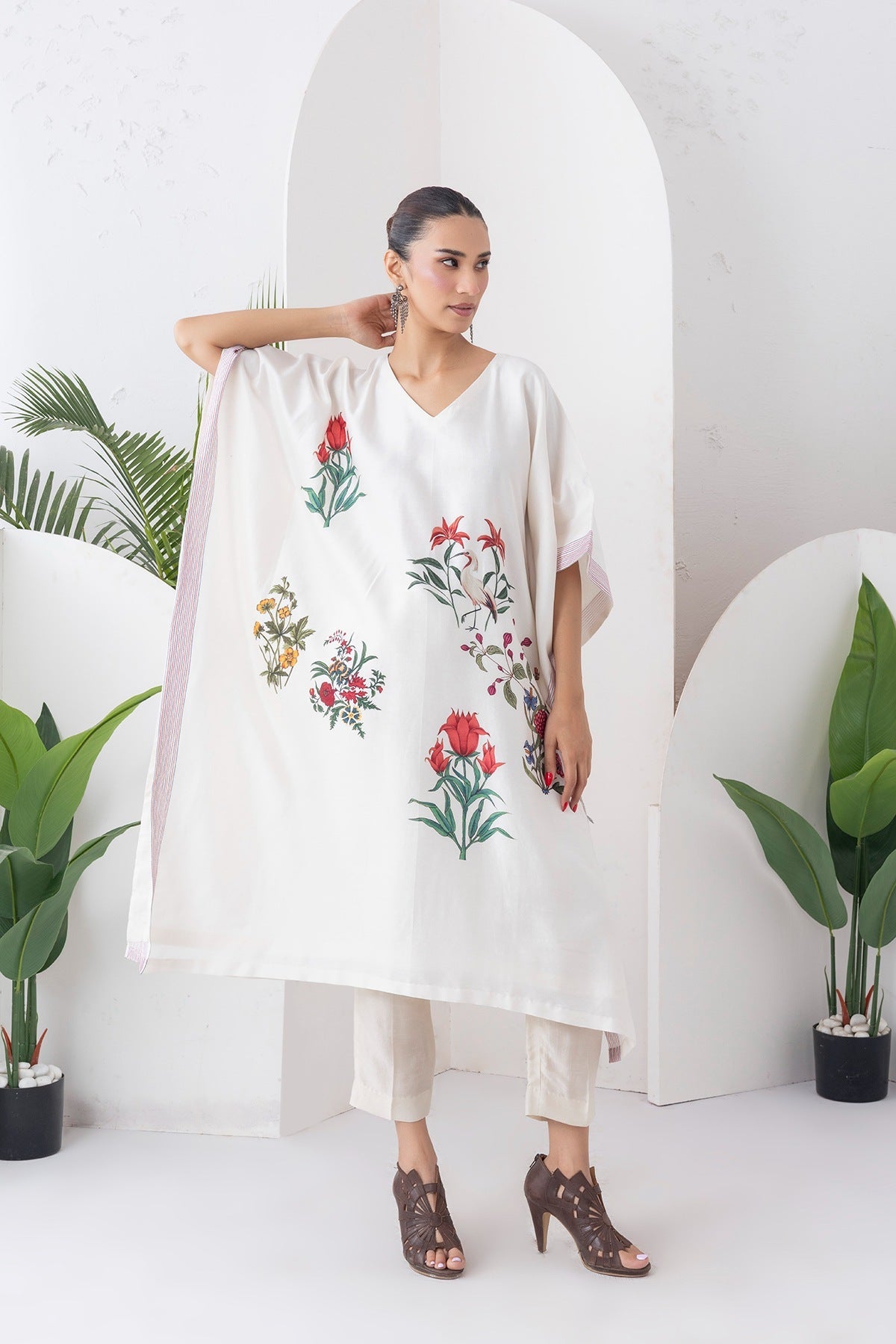 Ivory Silk Chanderi Floral Printed Kaftan Set (2 PCS)