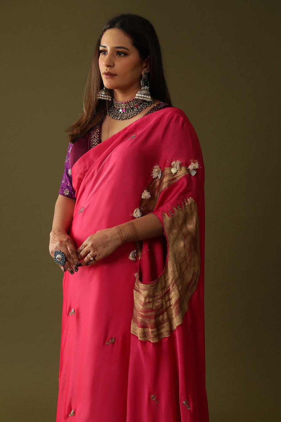 Pink Pre stitched Handpainted Saree set